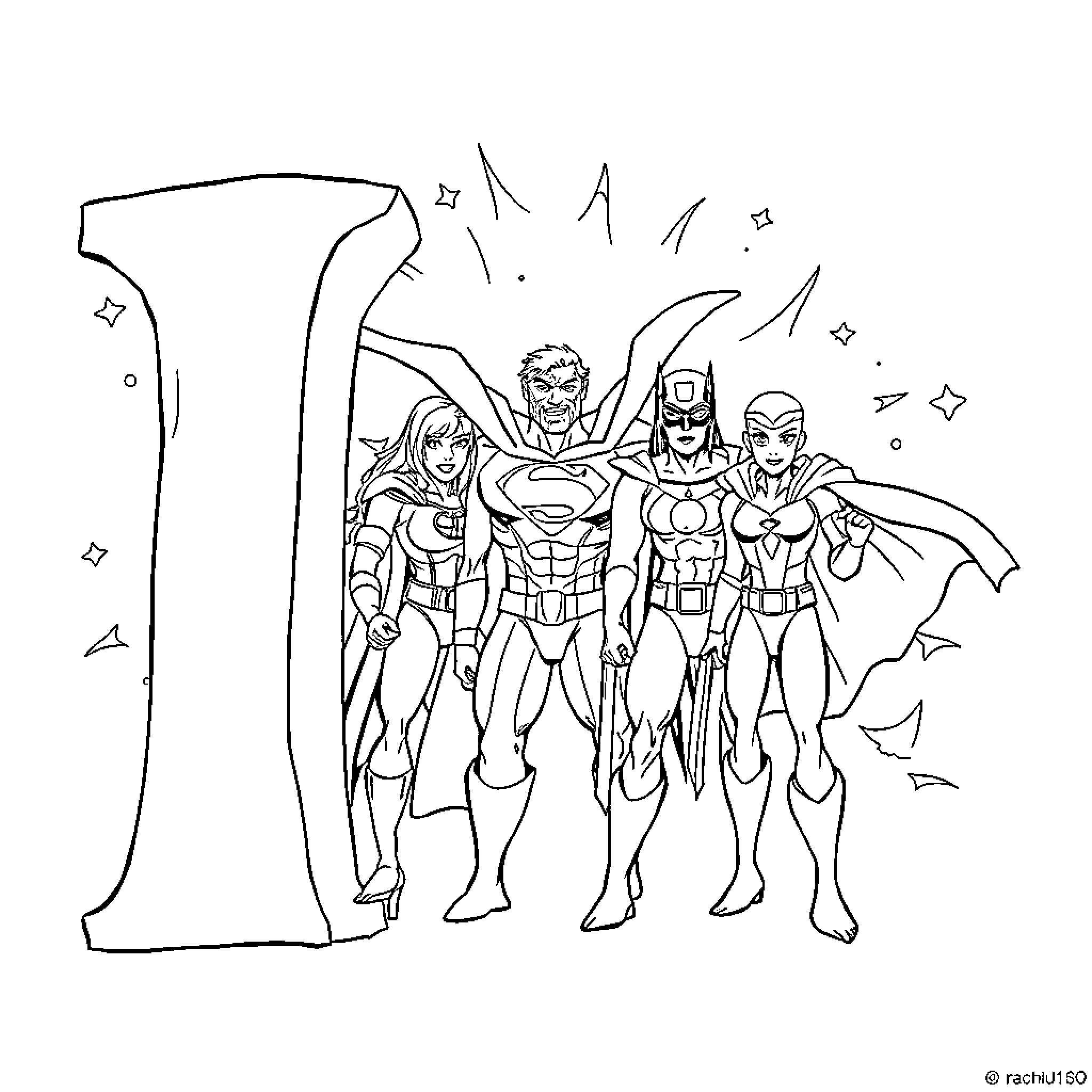 Letter I: Incredible Superhero Team in Action Coloring Page (free black-and-white line drawing printable PDF for all, from beginners to advanced learners, including children, teens, adults, and seniors)