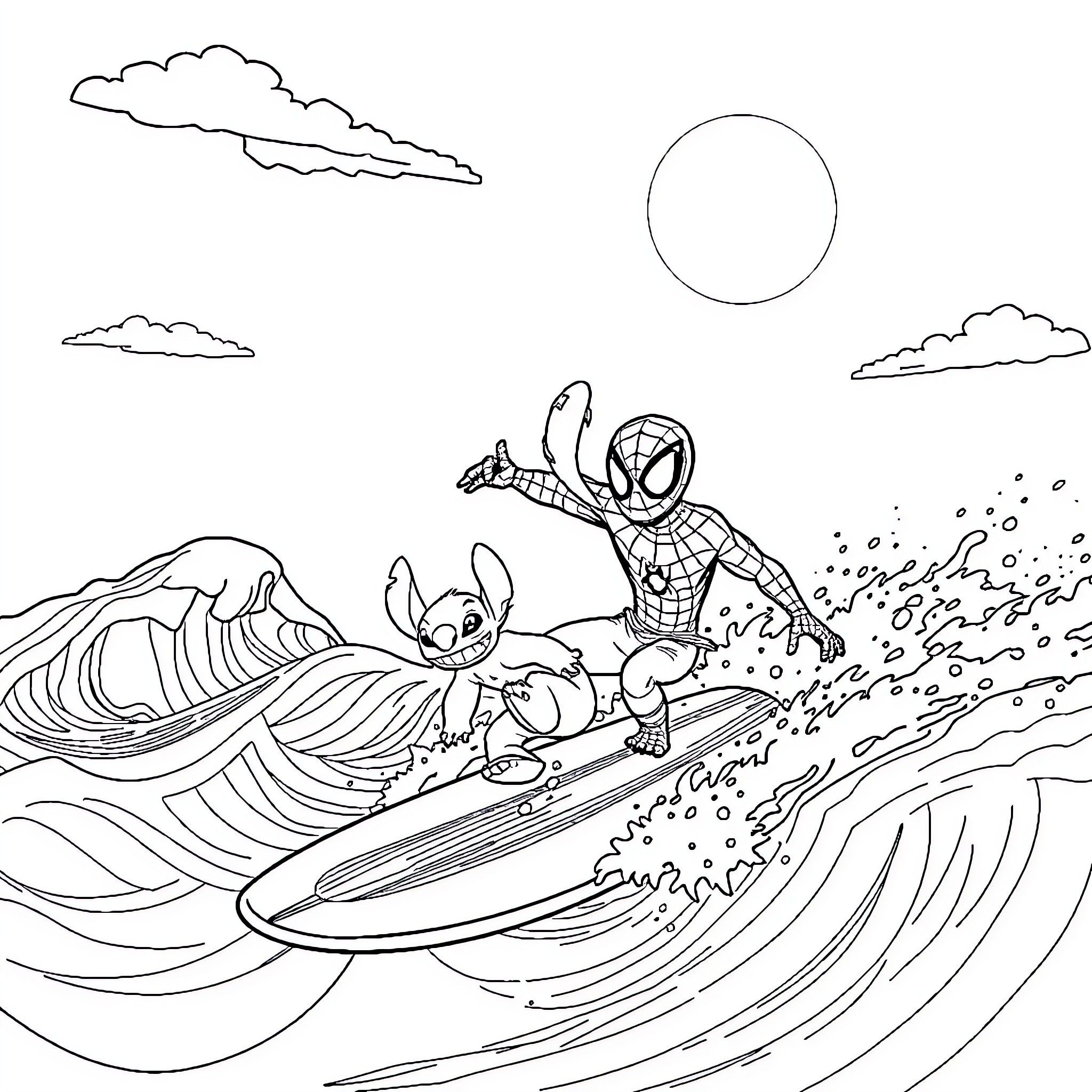 Spiderman and Stitch surfing through the waves Coloring Page (free black-and-white line drawing printable PDF for all, from beginners to advanced learners, including children, teens, adults, and seniors)