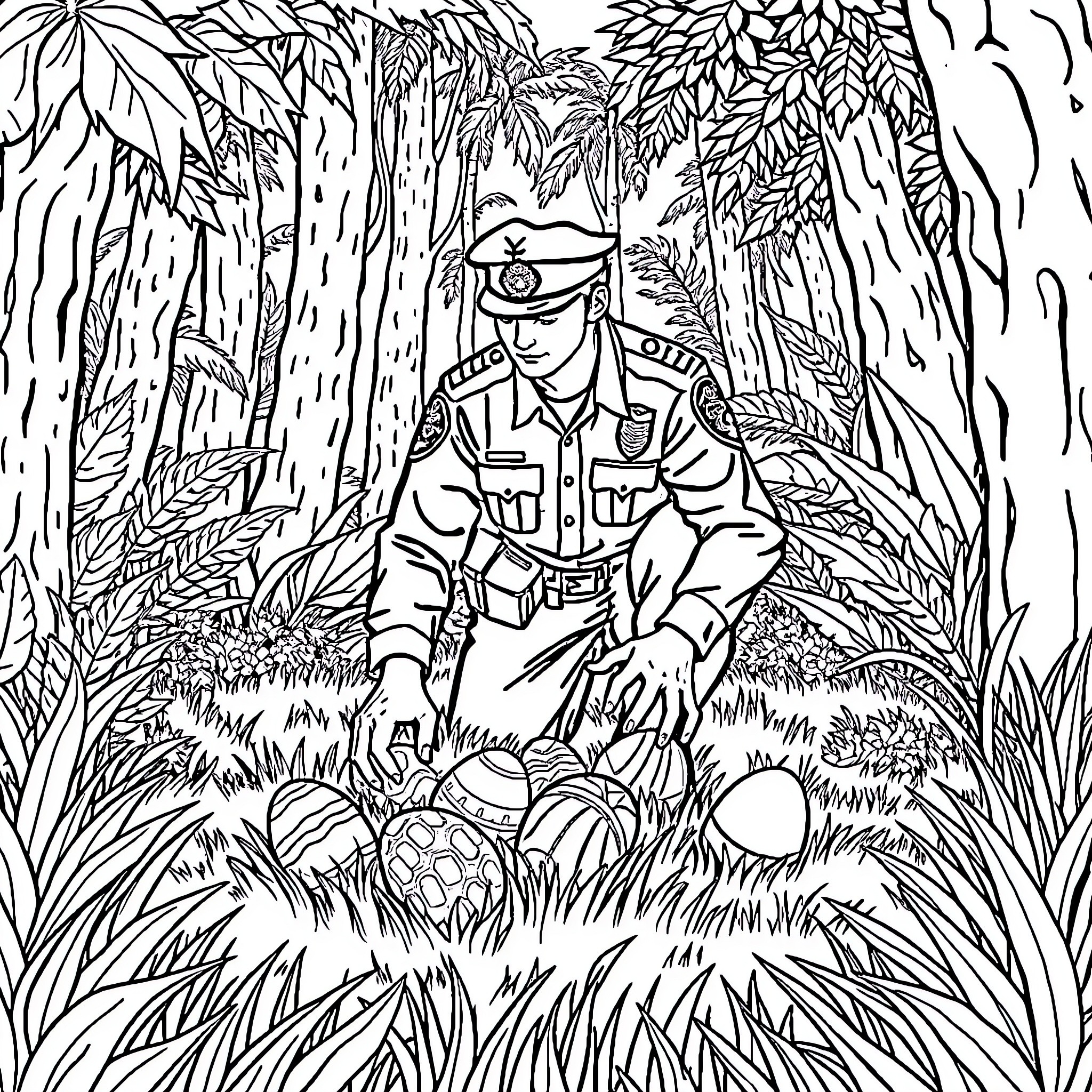 Police Officer Exploring the Lush Jungle Landscape Coloring Page (free black-and-white line drawing printable PDF for all, from beginners to advanced learners, including children, teens, adults, and seniors)