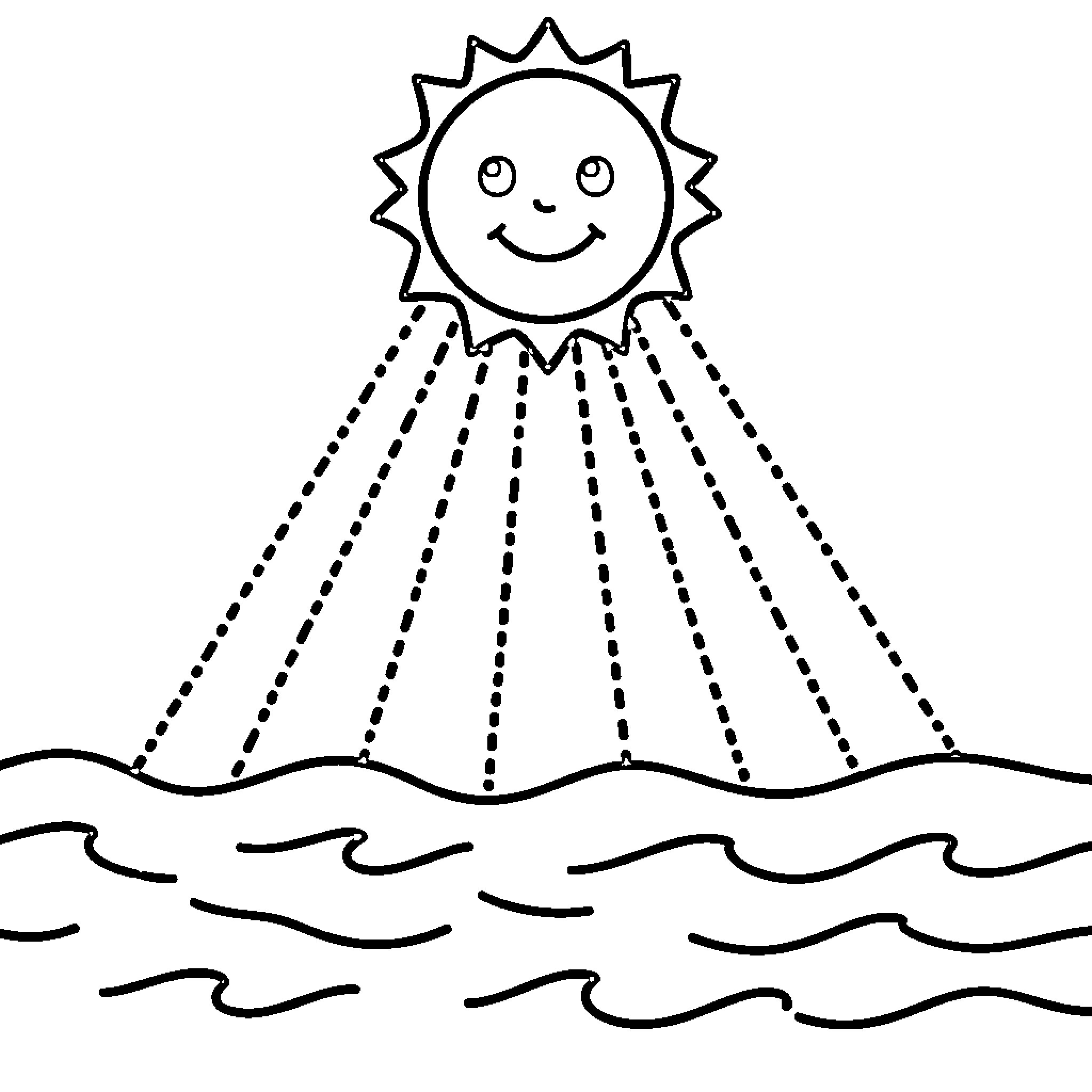 Sun shining joyfully over the waves Coloring Page (free black-and-white line drawing printable PDF for all, from beginners to advanced learners, including children, teens, adults, and seniors)