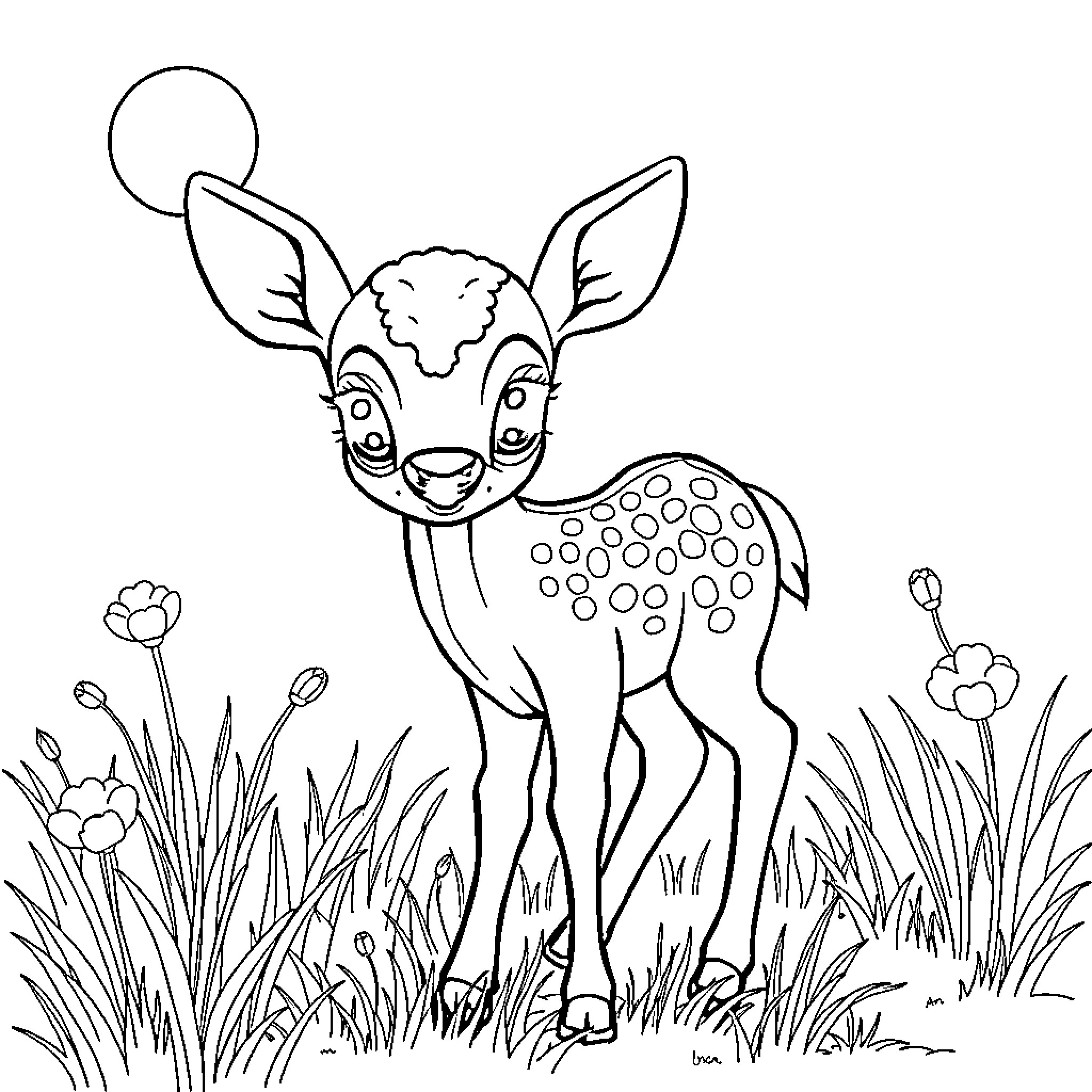 Fawn exploring the meadow curiously Coloring Page (free black-and-white line drawing printable PDF for all, from beginners to advanced learners, including children, teens, adults, and seniors)