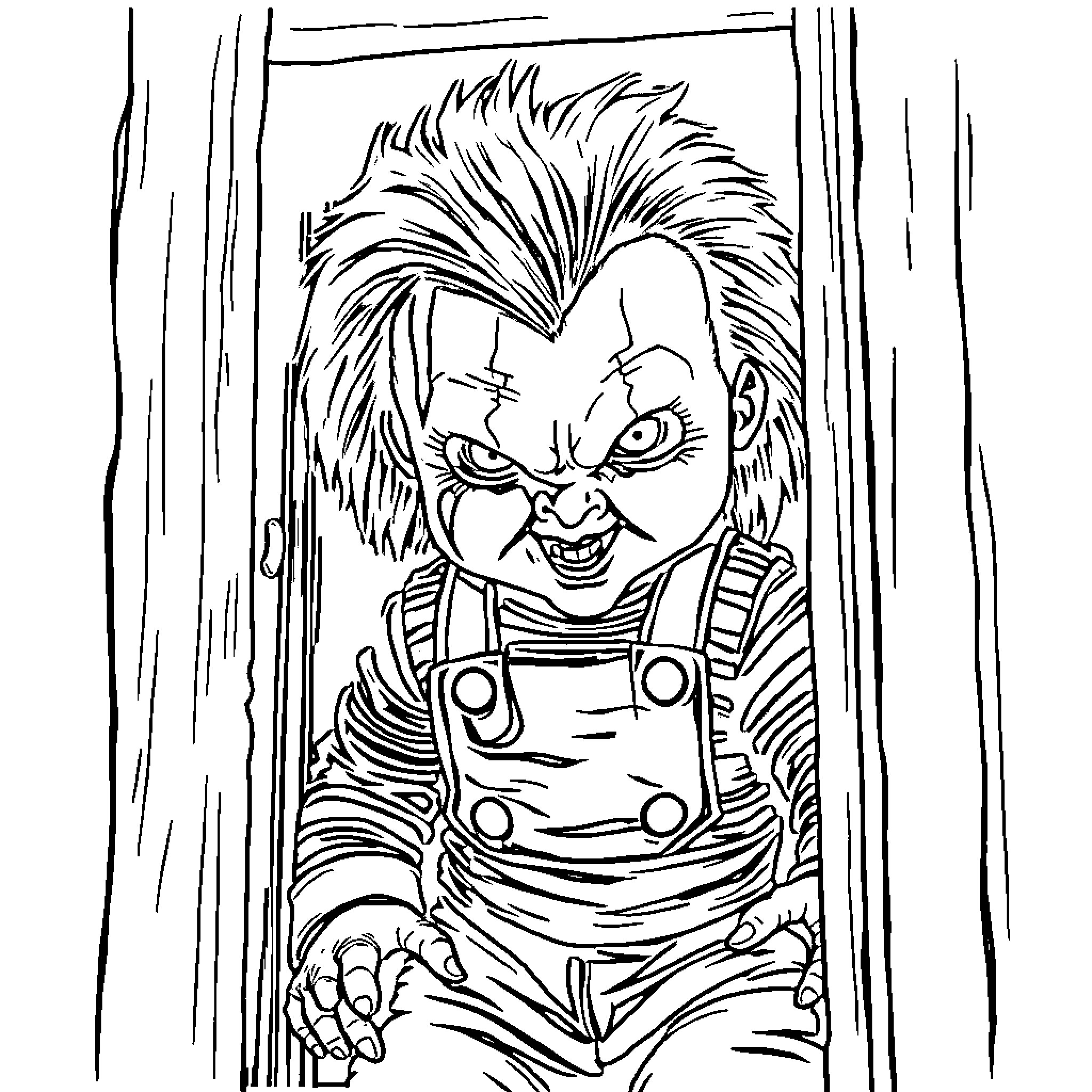 Chucky's Menacing Gaze and Unnerving Appearance Coloring Page (free black-and-white line drawing printable PDF for all, from beginners to advanced learners, including children, teens, adults, and seniors)