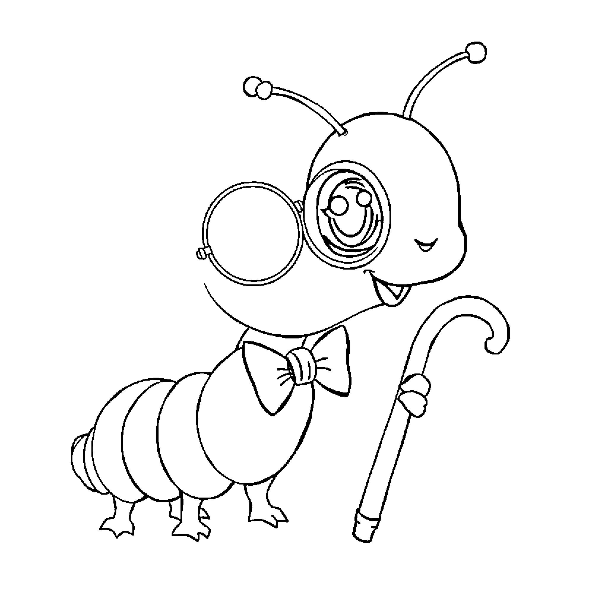Caterpillar wearing a bow tie and carrying a cane Coloring Page (free black-and-white line drawing printable PDF for all, from beginners to advanced learners, including children, teens, adults, and seniors)