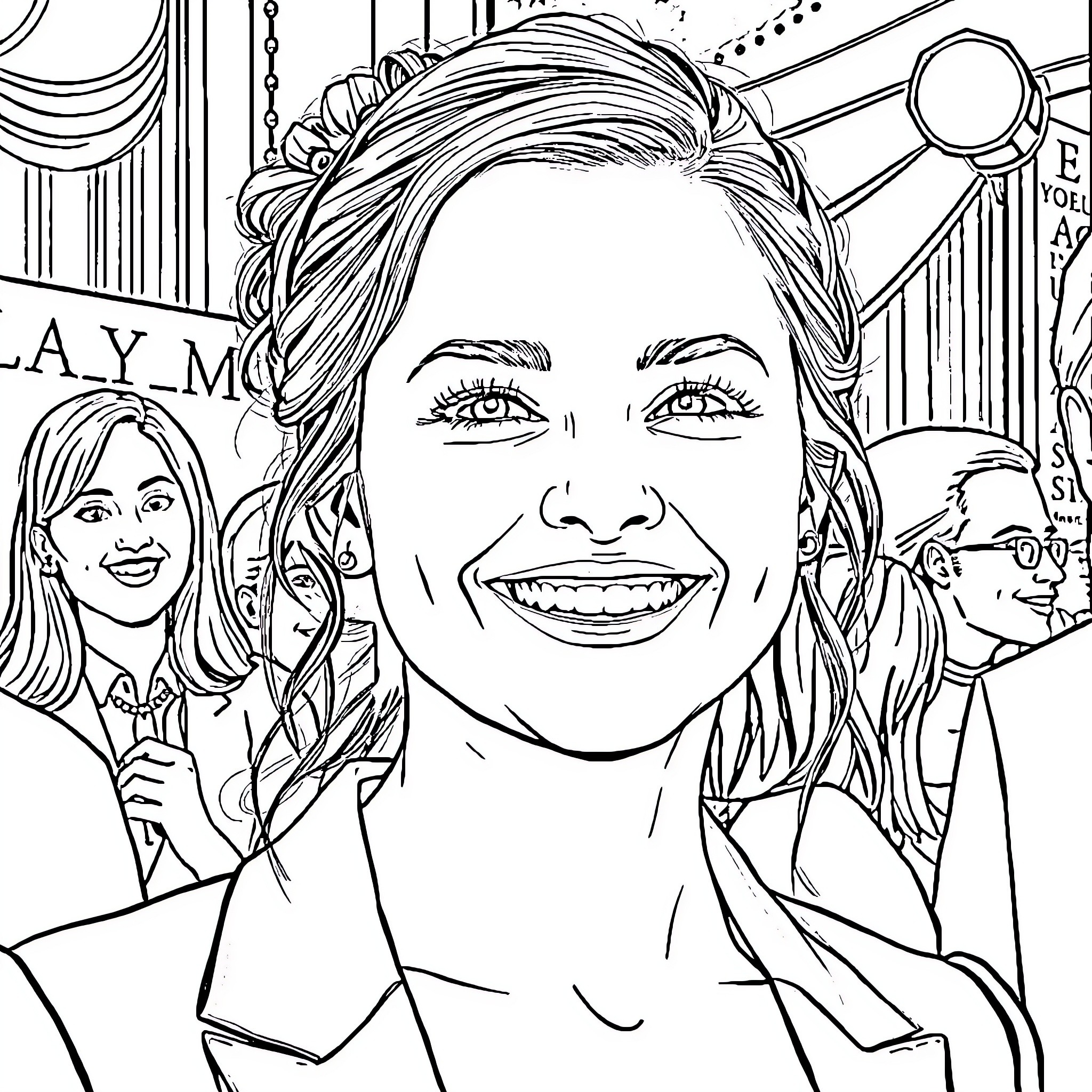 Bella Ramsey's cheerful expression and styling Coloring Page (free black-and-white line drawing printable PDF for all, from beginners to advanced learners, including children, teens, adults, and seniors)