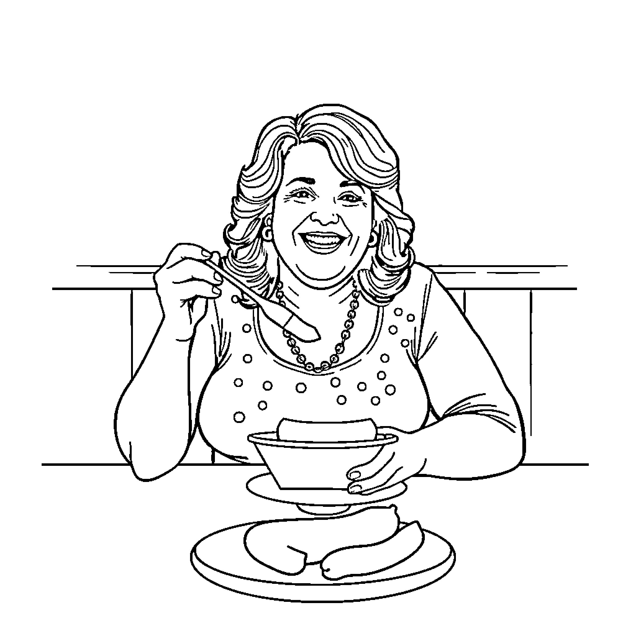 Susan Boyle enjoying a meal and smiling happily Coloring Page (free black-and-white line drawing printable PDF for all, from beginners to advanced learners, including children, teens, adults, and seniors)