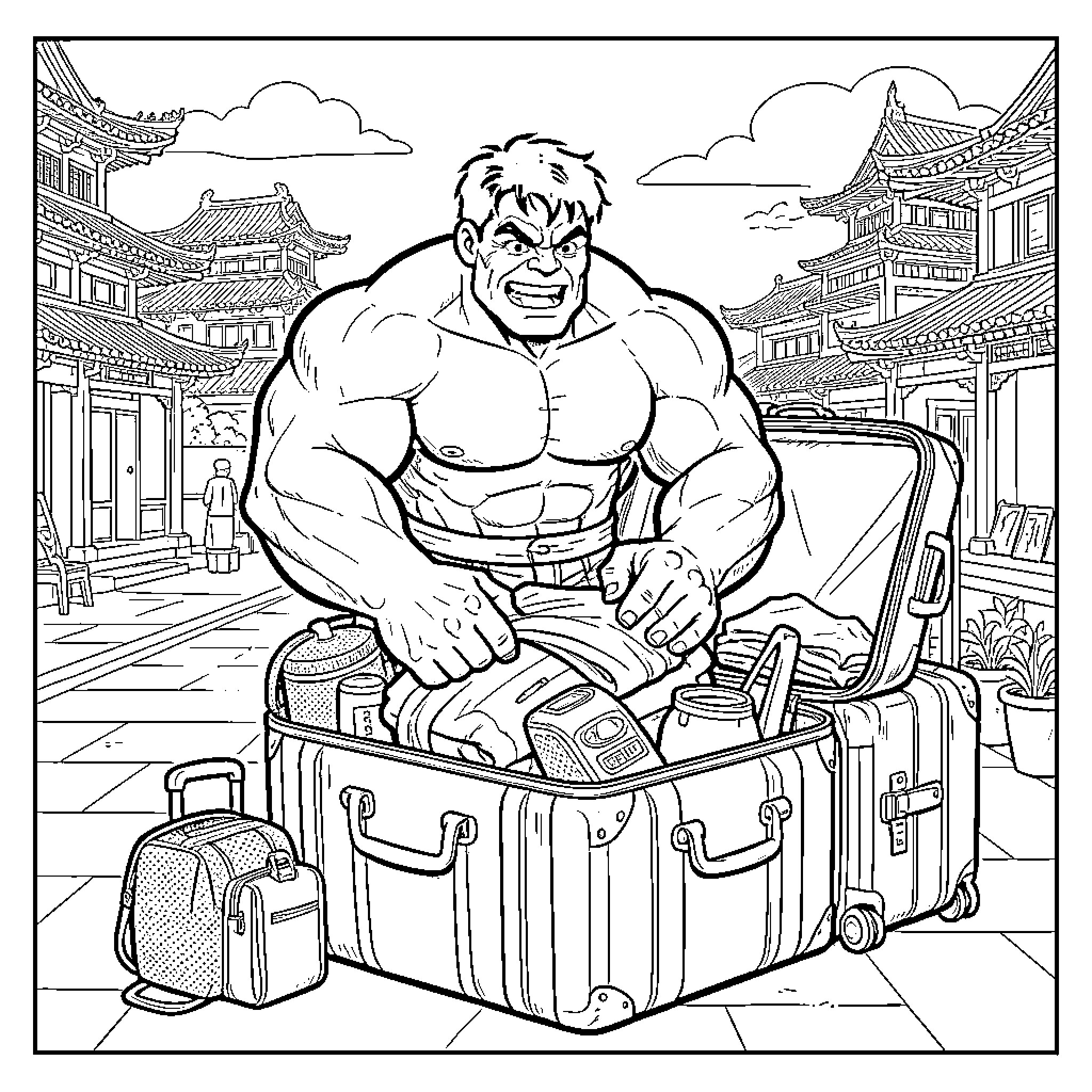 Hulk Packing for a Vacation Adventure Coloring Page (free black-and-white line drawing printable PDF for all, from beginners to advanced learners, including children, teens, adults, and seniors)