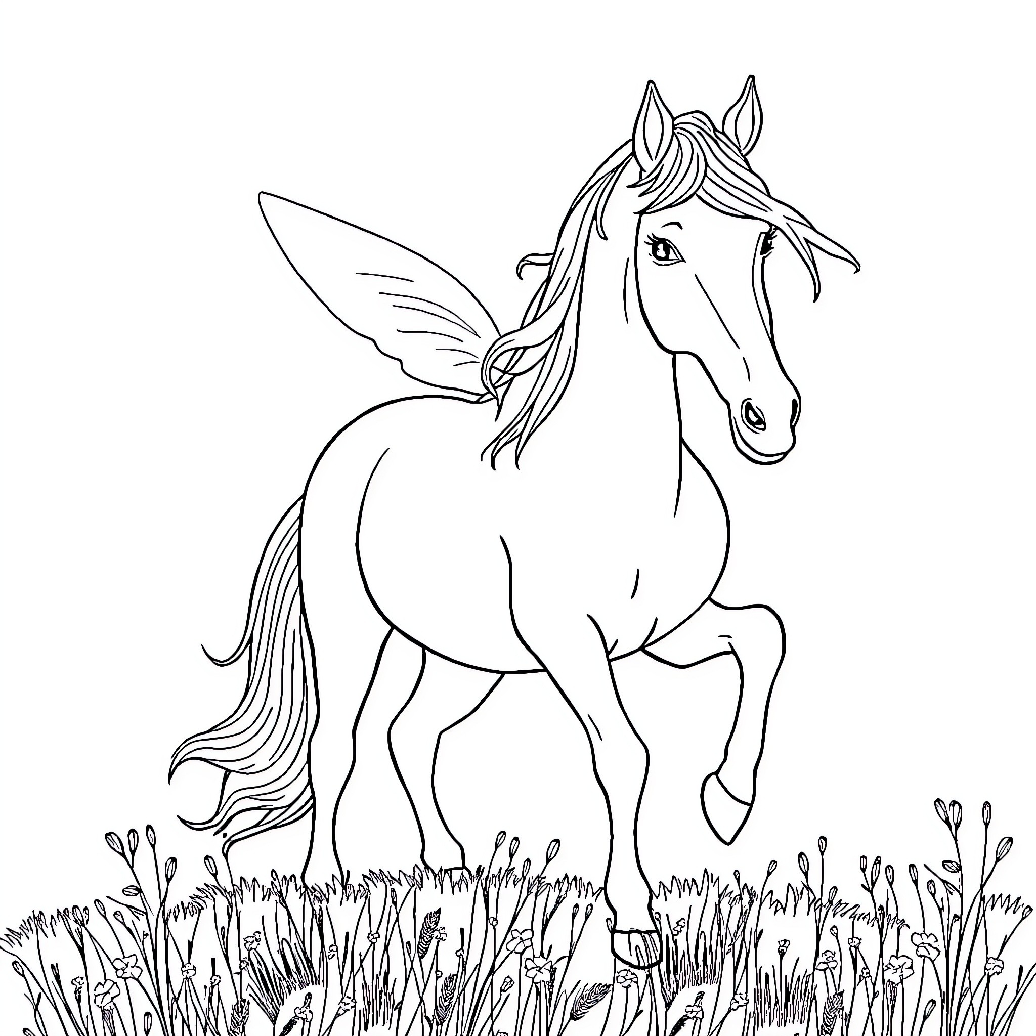 Fairy Horse galloping through the meadow Coloring Page (free black-and-white line drawing printable PDF for all, from beginners to advanced learners, including children, teens, adults, and seniors)