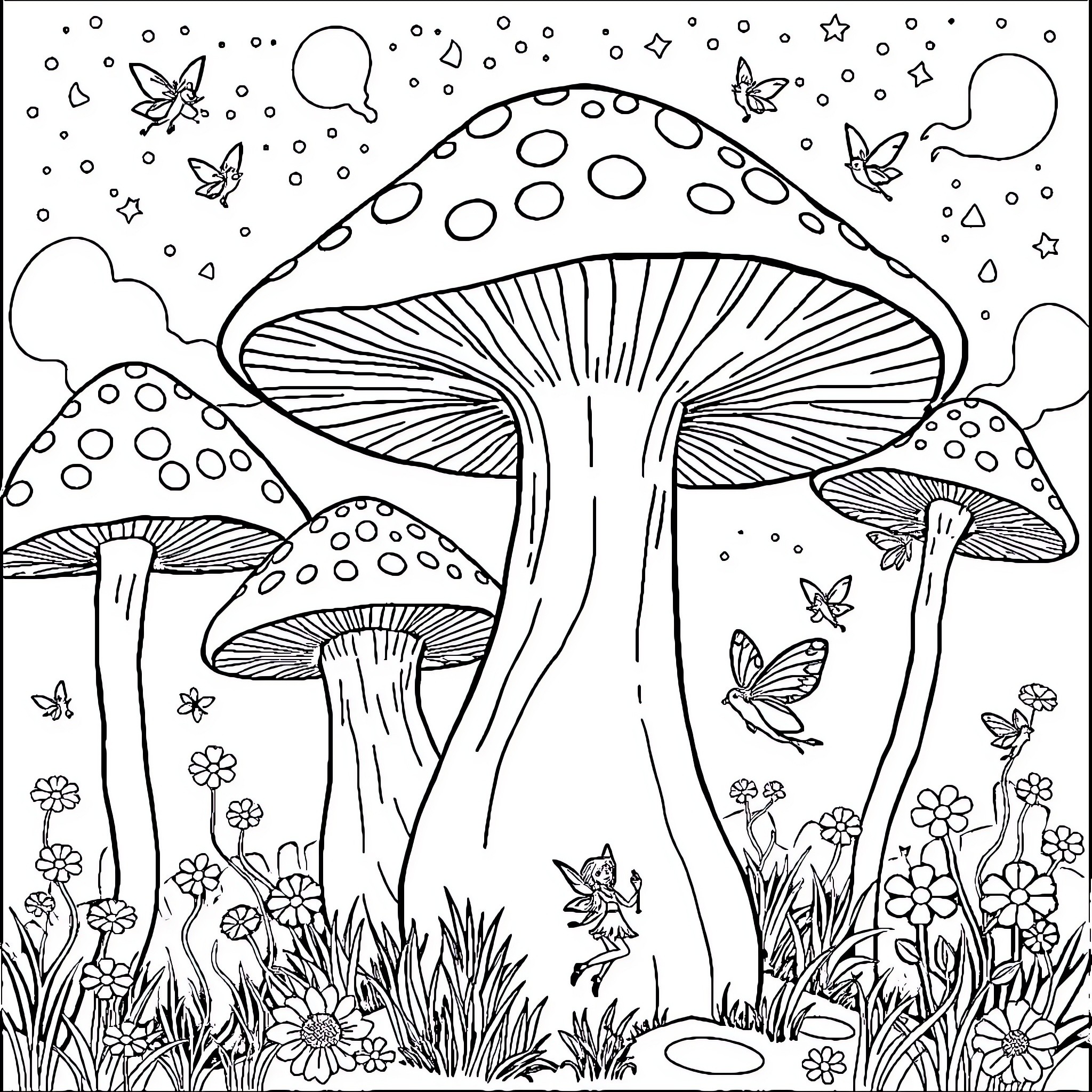 Mushroom Wondrous Scene with Butterflies and Flowers Coloring Page (free black-and-white line drawing printable PDF for all, from beginners to advanced learners, including children, teens, adults, and seniors)