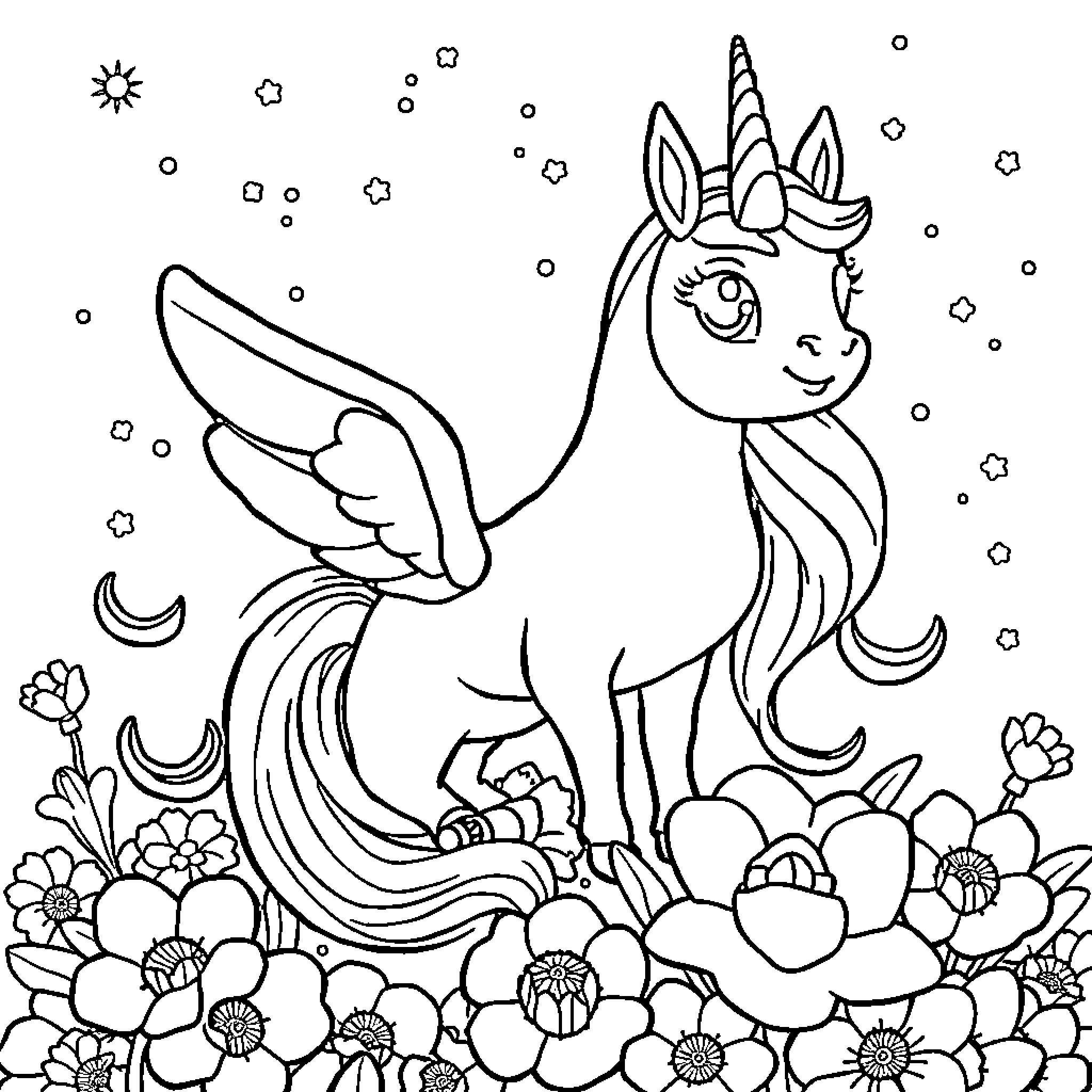 Stella's Magical Garden Adventure Coloring Page (free black-and-white line drawing printable PDF for all, from beginners to advanced learners, including children, teens, adults, and seniors)