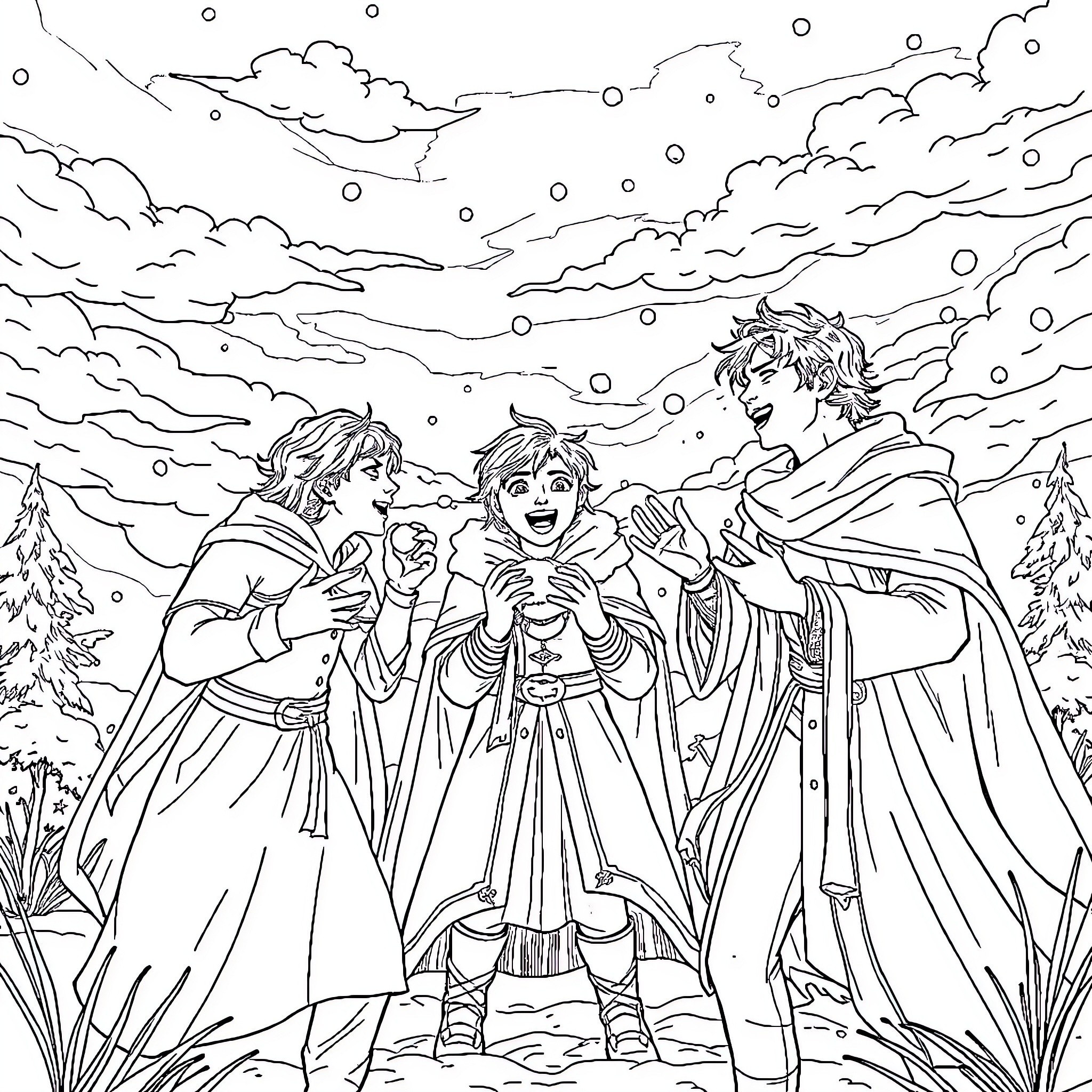 Rhysand and companions in winter wonderland Coloring Page (free black-and-white line drawing printable PDF for all, from beginners to advanced learners, including children, teens, adults, and seniors)