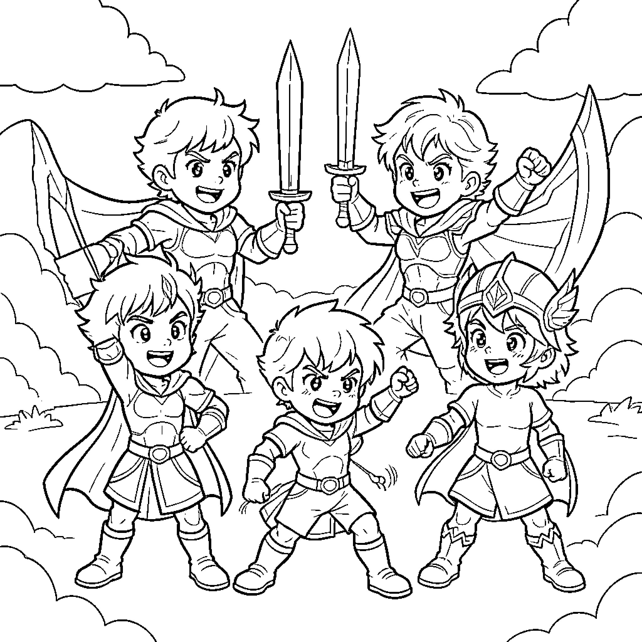 Hero Adventurers Explore the Enchanted Landscape Coloring Page (free black-and-white line drawing printable PDF for all, from beginners to advanced learners, including children, teens, adults, and seniors)