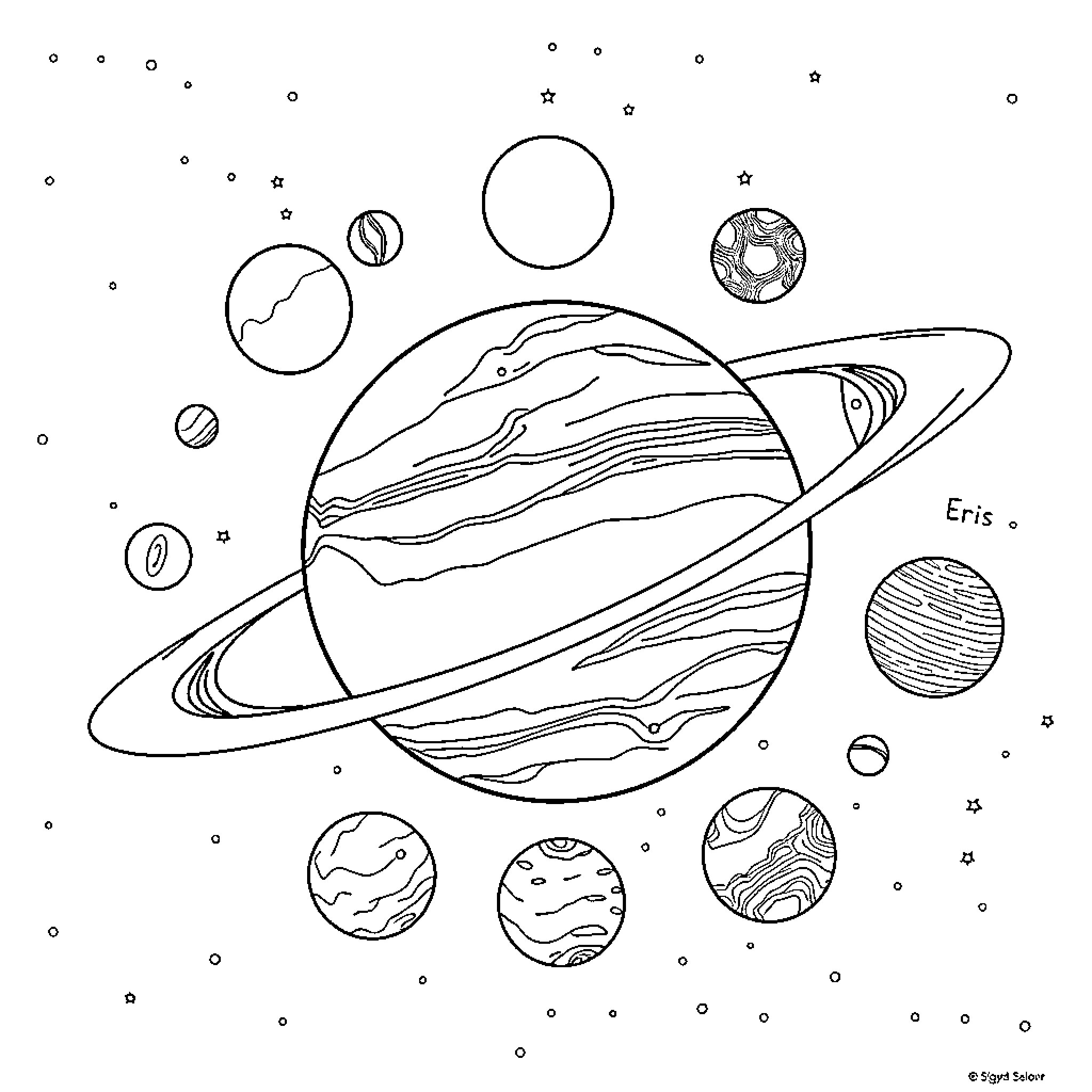 Solar System Planets Orbit in Artistic Drawing Coloring Page (free black-and-white line drawing printable PDF for all, from beginners to advanced learners, including children, teens, adults, and seniors)