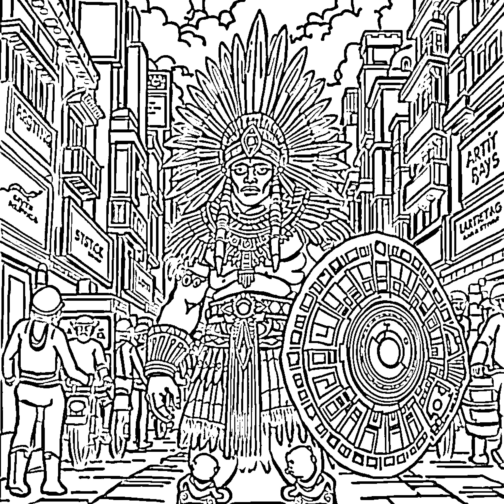 Aztec Warrior Commanding Respect in the City Coloring Page (free black-and-white line drawing printable PDF for all, from beginners to advanced learners, including children, teens, adults, and seniors)