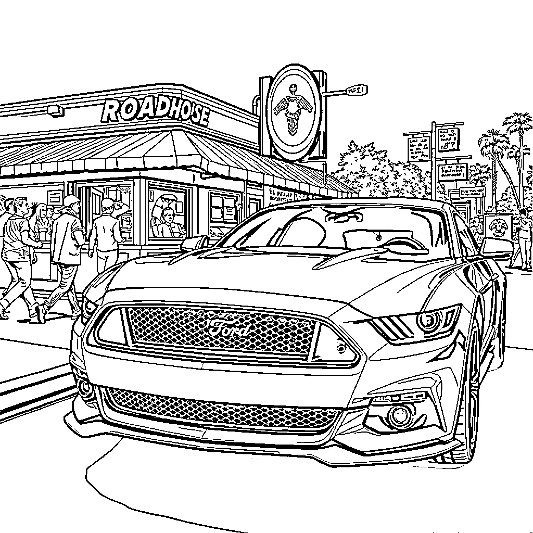 Ford Mustang in a busy town scene Coloring Page (free black-and-white line drawing printable PDF for all, from beginners to advanced learners, including children, teens, adults, and seniors)