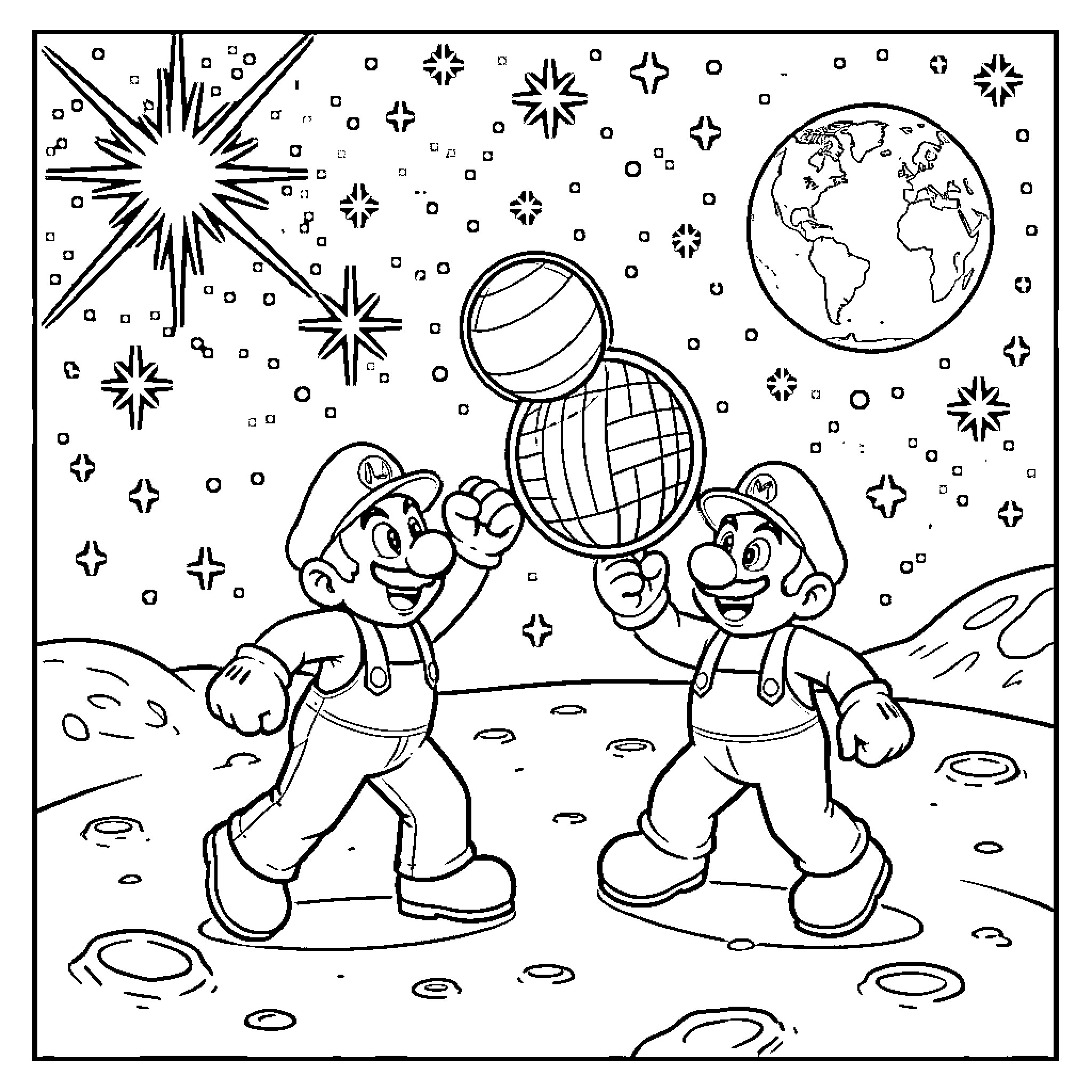 Mario and Luigi exploring the galaxy Coloring Page (free black-and-white line drawing printable PDF for all, from beginners to advanced learners, including children, teens, adults, and seniors)