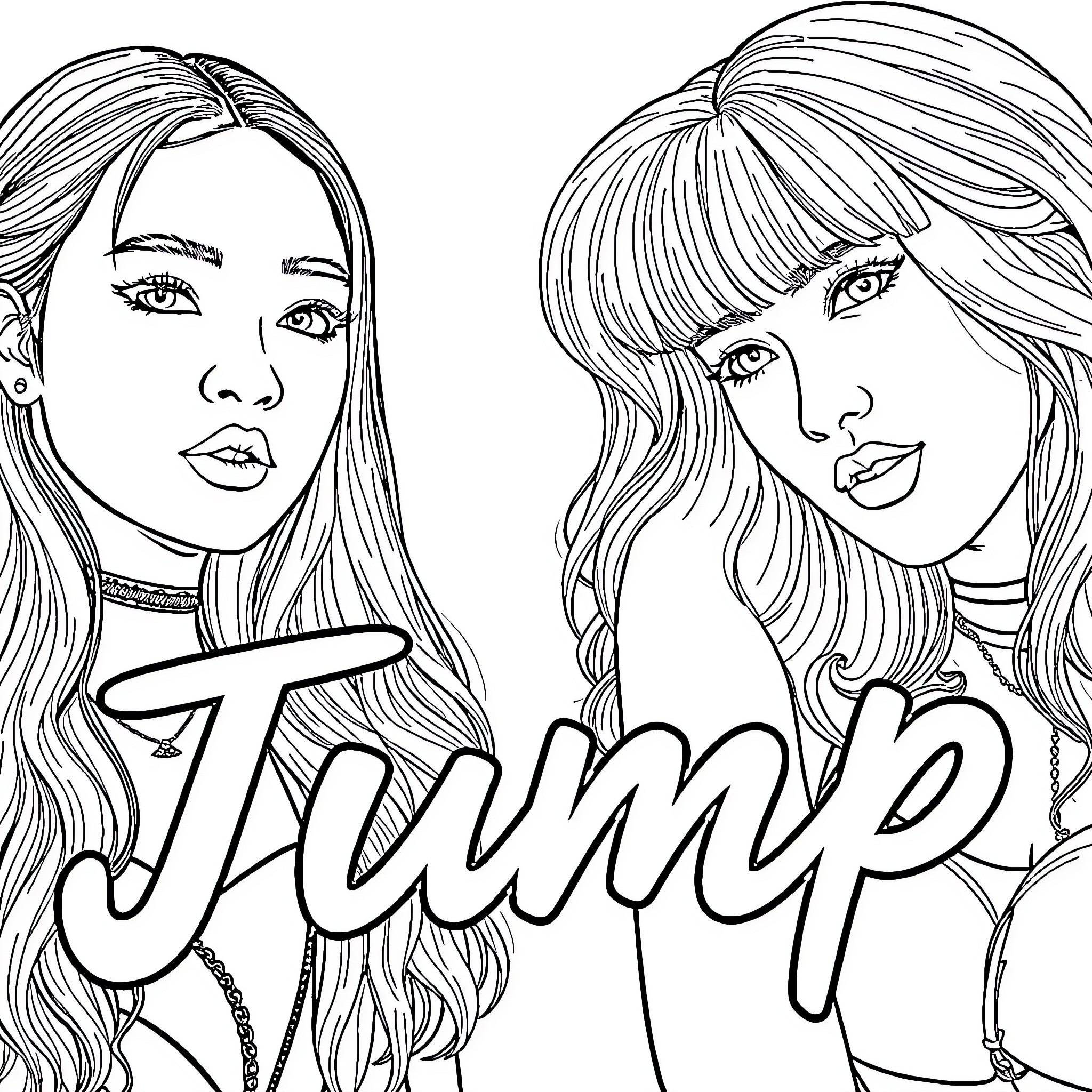 Blackpink members in energetic poses Coloring Page (free black-and-white line drawing printable PDF for all, from beginners to advanced learners, including children, teens, adults, and seniors)
