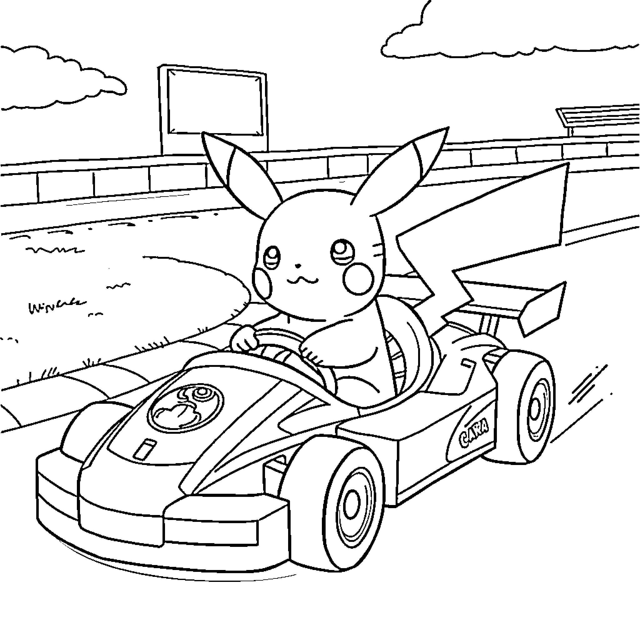 Pikachu racing in a speedy go-kart Coloring Page (free black-and-white line drawing printable PDF for all, from beginners to advanced learners, including children, teens, adults, and seniors)
