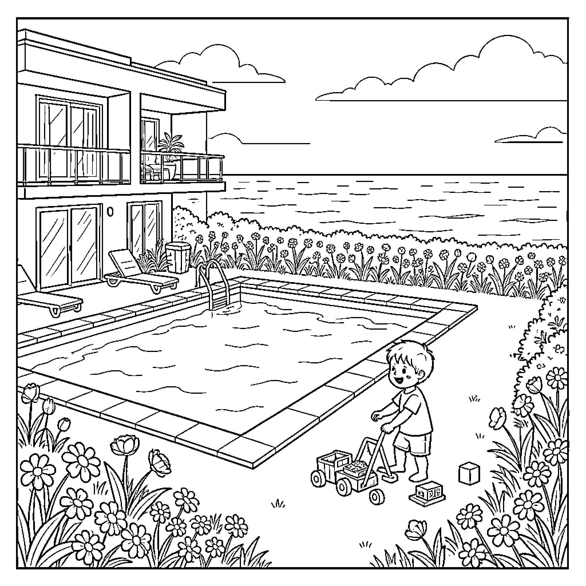 Child playing with a toy car by the pool Coloring Page (free black-and-white line drawing printable PDF for all, from beginners to advanced learners, including children, teens, adults, and seniors)
