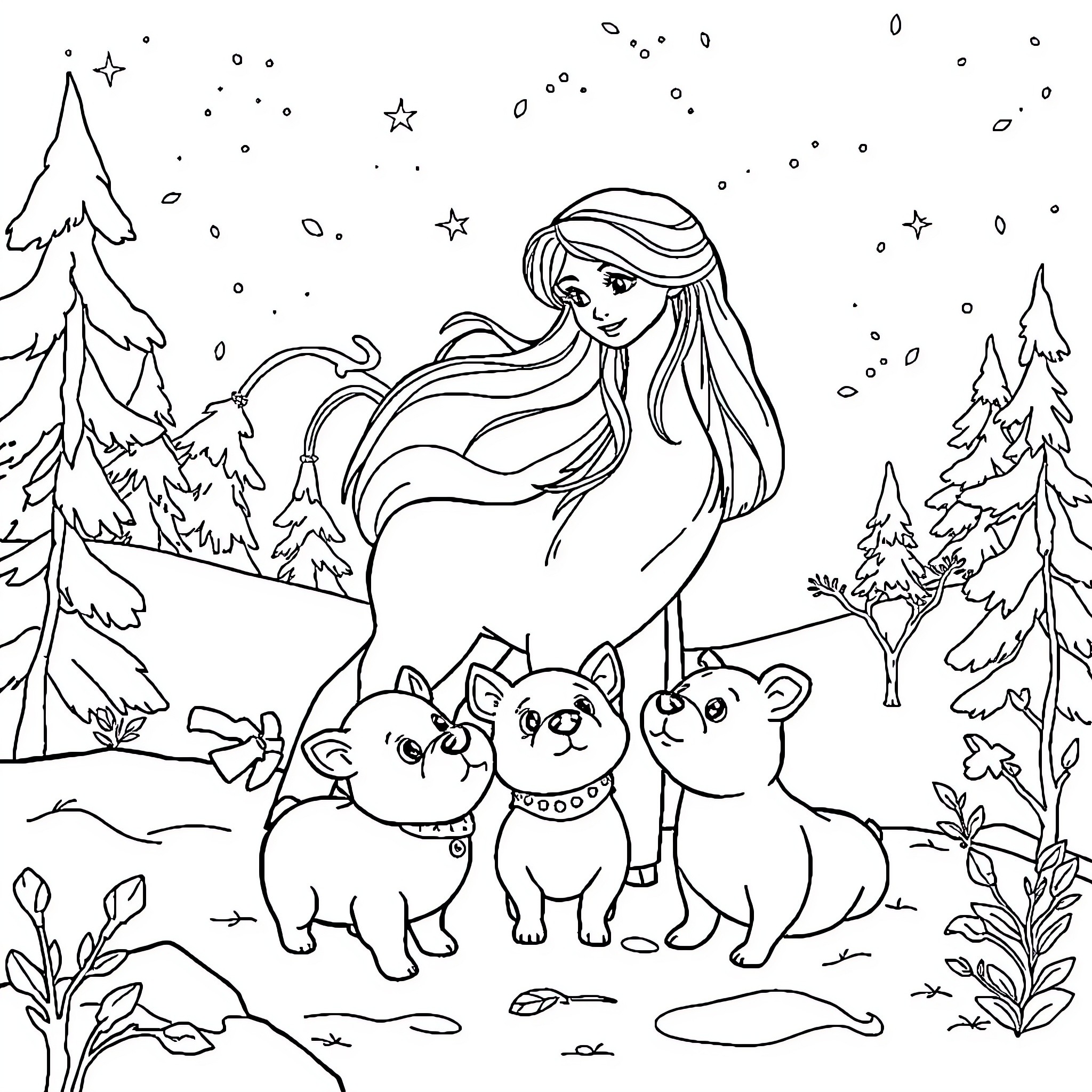 Queen with Adorable Pets in Winter Wonderland Coloring Page (free black-and-white line drawing printable PDF for all, from beginners to advanced learners, including children, teens, adults, and seniors)