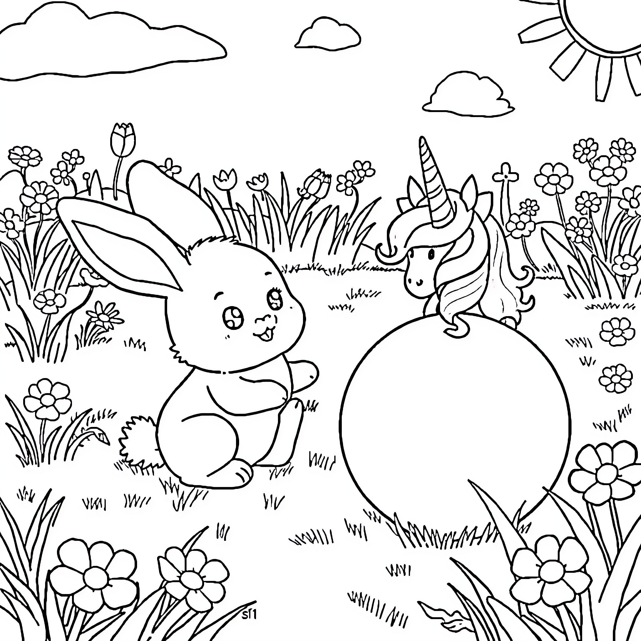 Bunny and Unicorn Exploring Floral Meadow Coloring Page (free black-and-white line drawing printable PDF for all, from beginners to advanced learners, including children, teens, adults, and seniors)