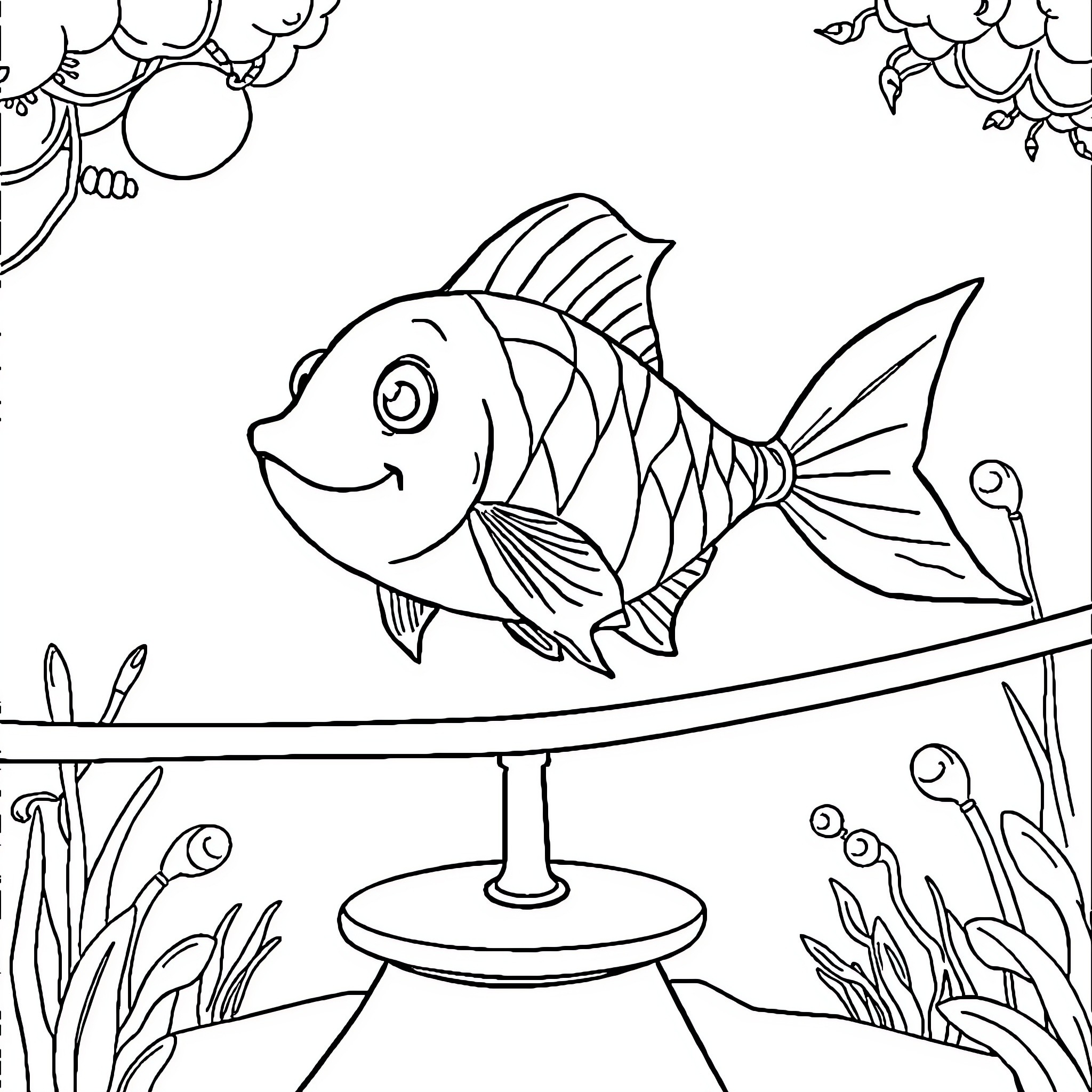 Fish swimming happily in the aquarium Coloring Page (free black-and-white line drawing printable PDF for all, from beginners to advanced learners, including children, teens, adults, and seniors)