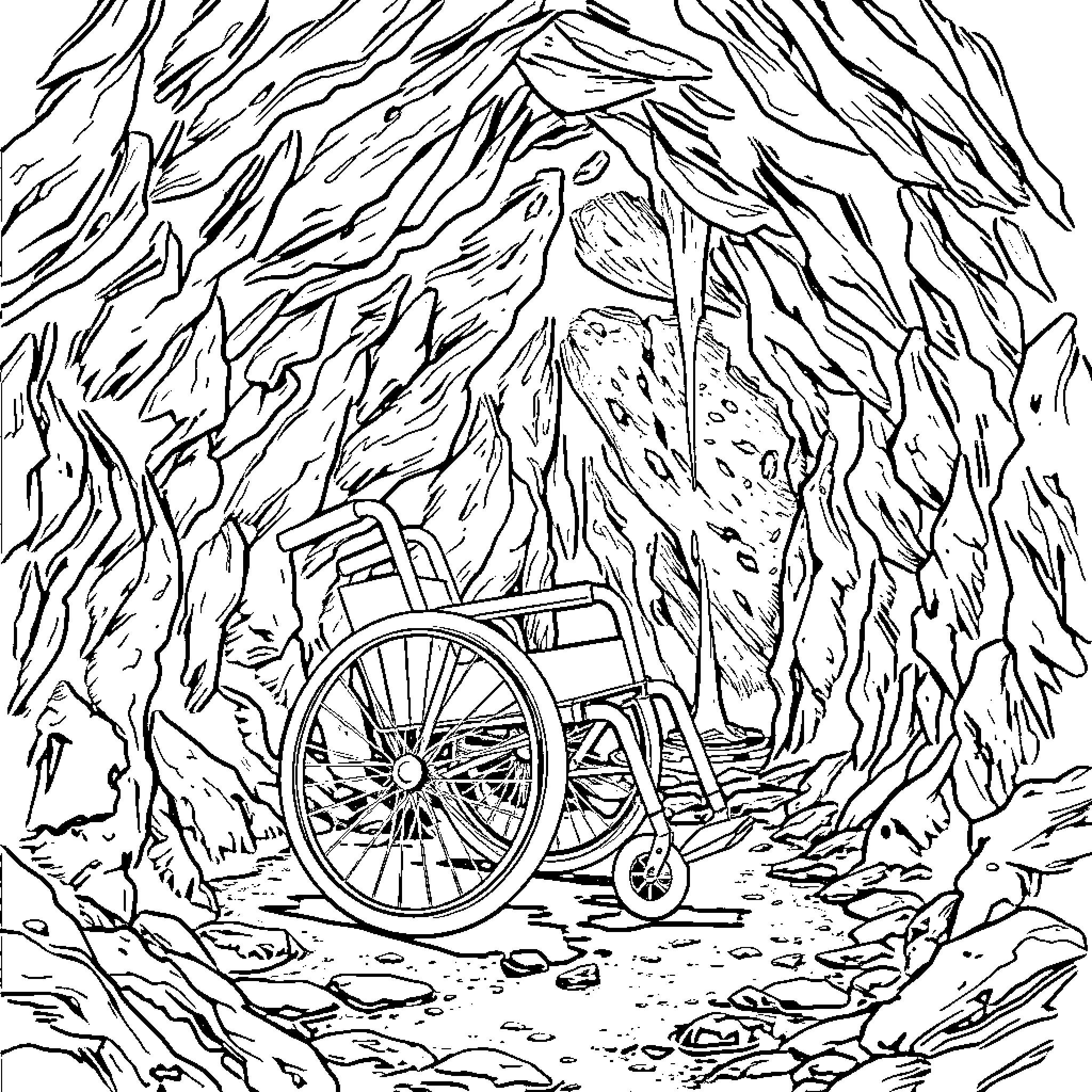 Wheelchair in the Mysterious Forest Coloring Page (free black-and-white line drawing printable PDF for all, from beginners to advanced learners, including children, teens, adults, and seniors)