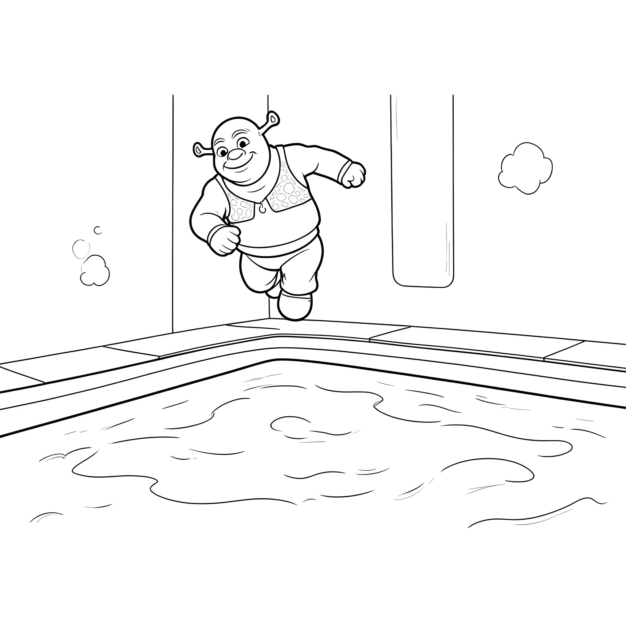 Shrek jumping happily in a pool Coloring Page (free black-and-white line drawing printable PDF for all, from beginners to advanced learners, including children, teens, adults, and seniors)