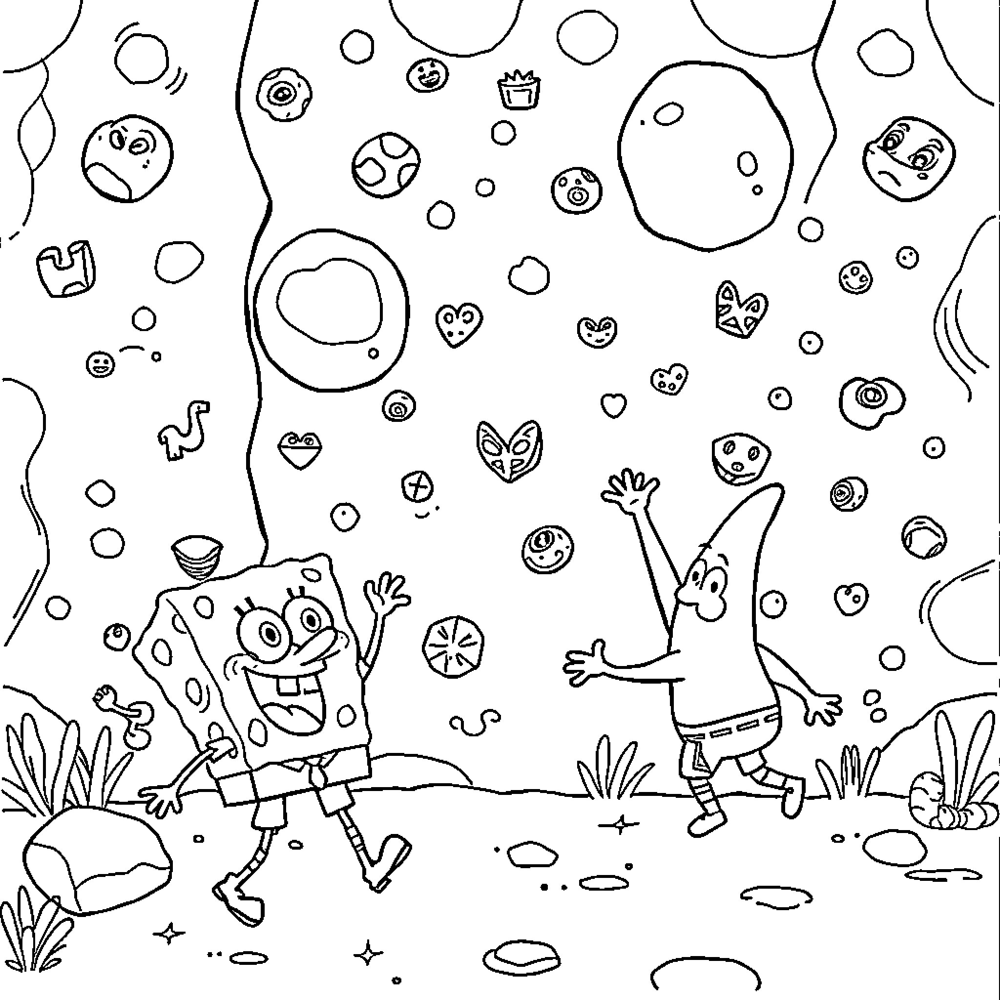 Spongebob in a whimsical and joyful scene Coloring Page (free black-and-white line drawing printable PDF for all, from beginners to advanced learners, including children, teens, adults, and seniors)