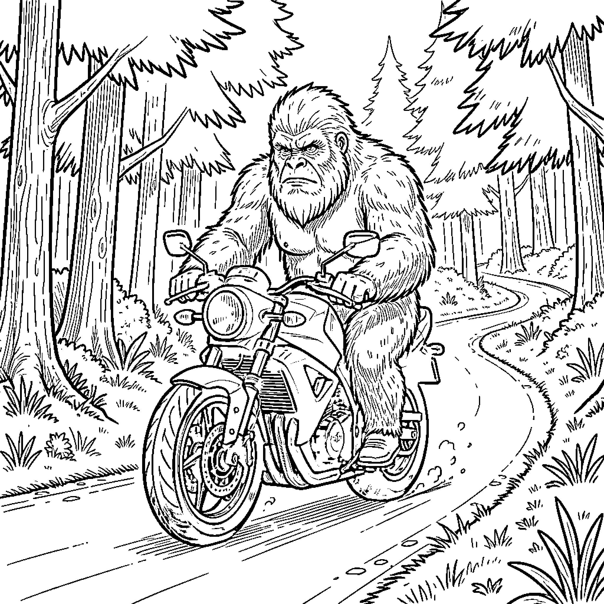 Bigfoot riding a motorcycle through the forest Coloring Page (free black-and-white line drawing printable PDF for all, from beginners to advanced learners, including children, teens, adults, and seniors)