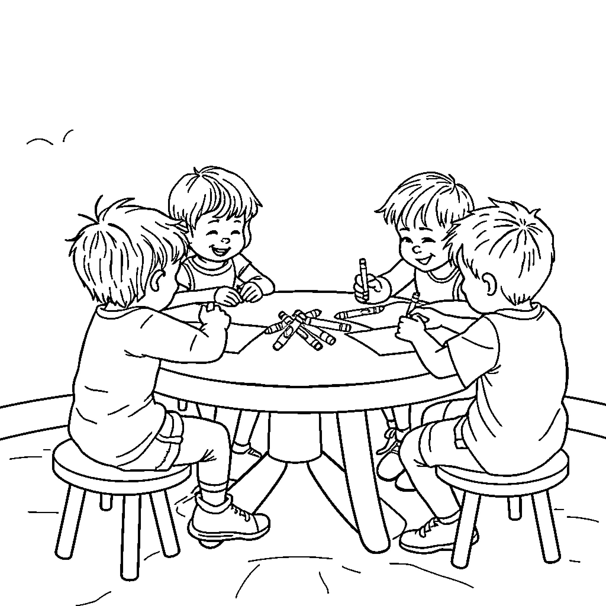 Kid artists collaborate on a drawing project Coloring Page (free black-and-white line drawing printable PDF for all, from beginners to advanced learners, including children, teens, adults, and seniors)