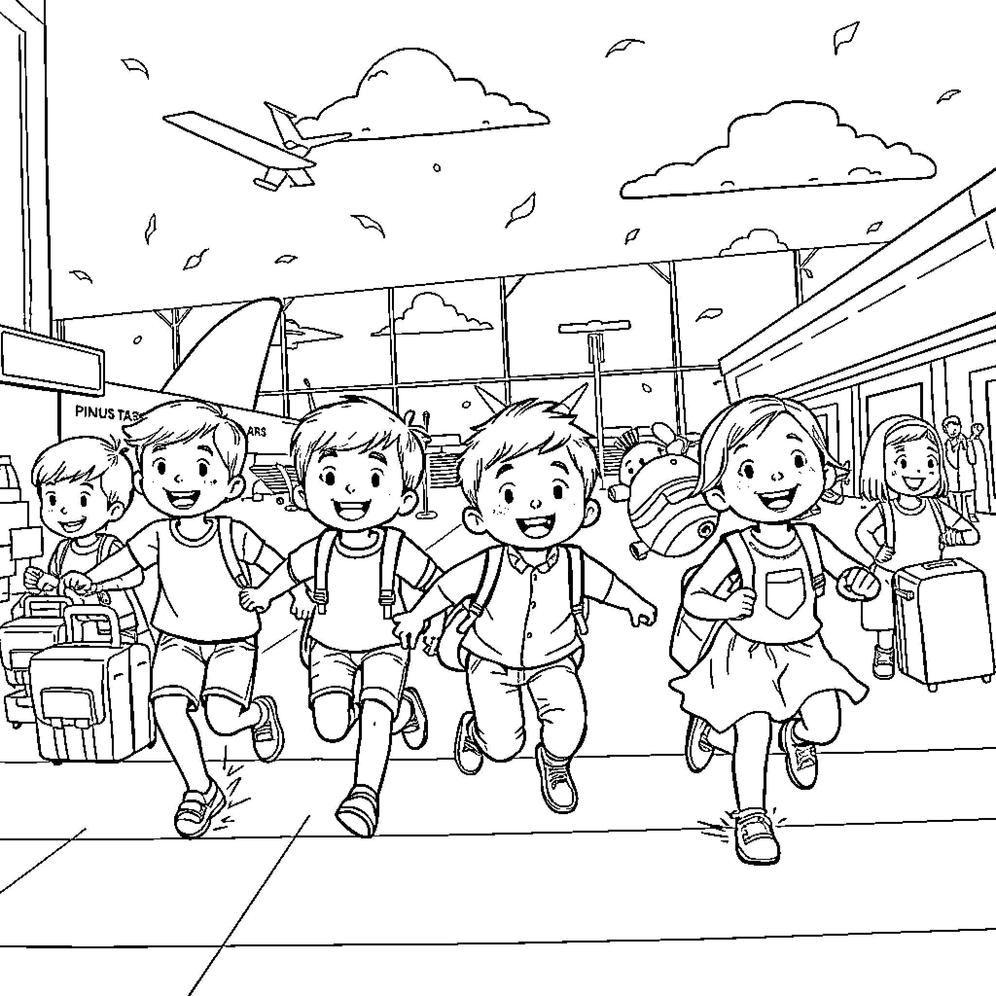 Child Travelers Hurrying at the Airport Coloring Page (free black-and-white line drawing printable PDF for all, from beginners to advanced learners, including children, teens, adults, and seniors)