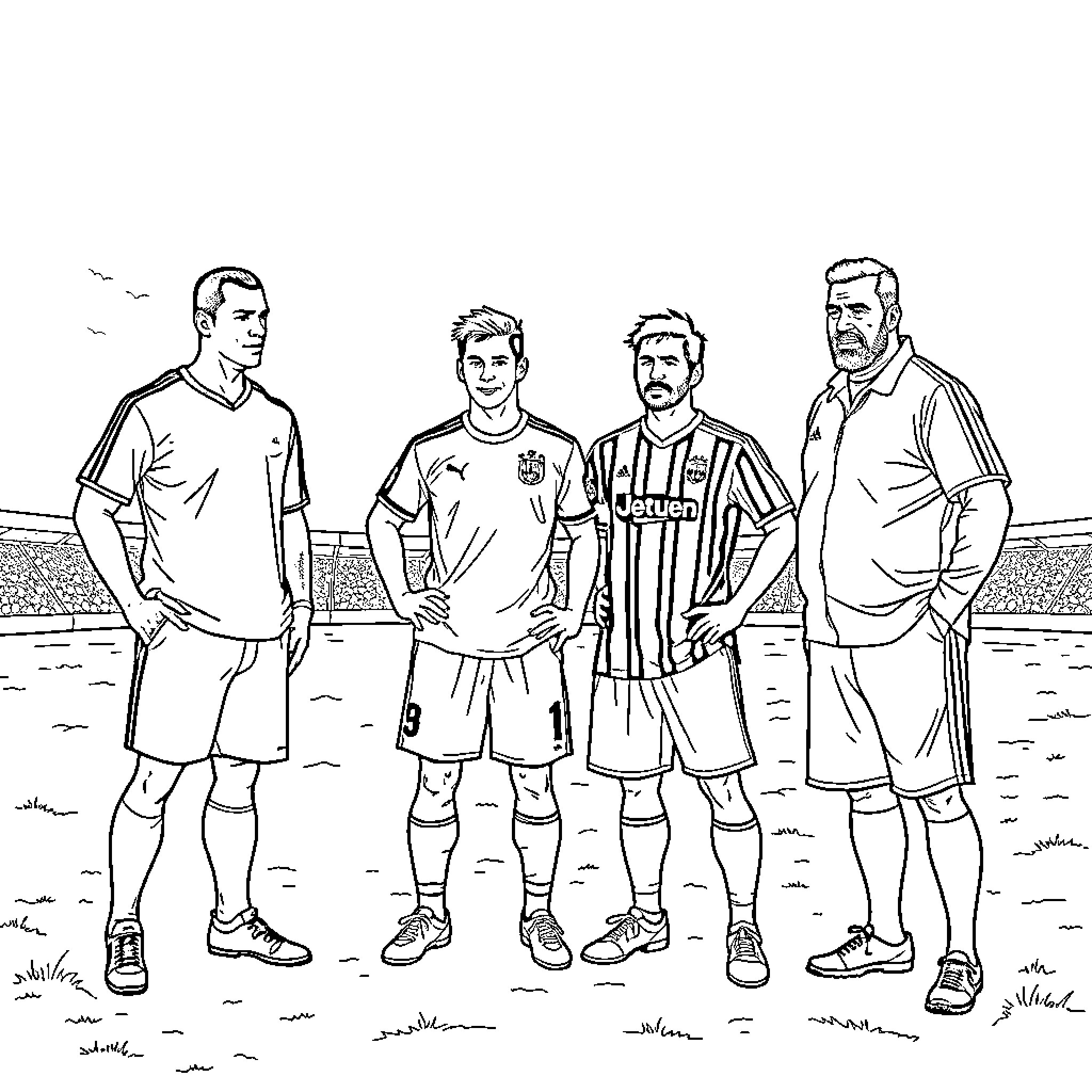 Football Players Posing on the Field Coloring Page (free black-and-white line drawing printable PDF for all, from beginners to advanced learners, including children, teens, adults, and seniors)
