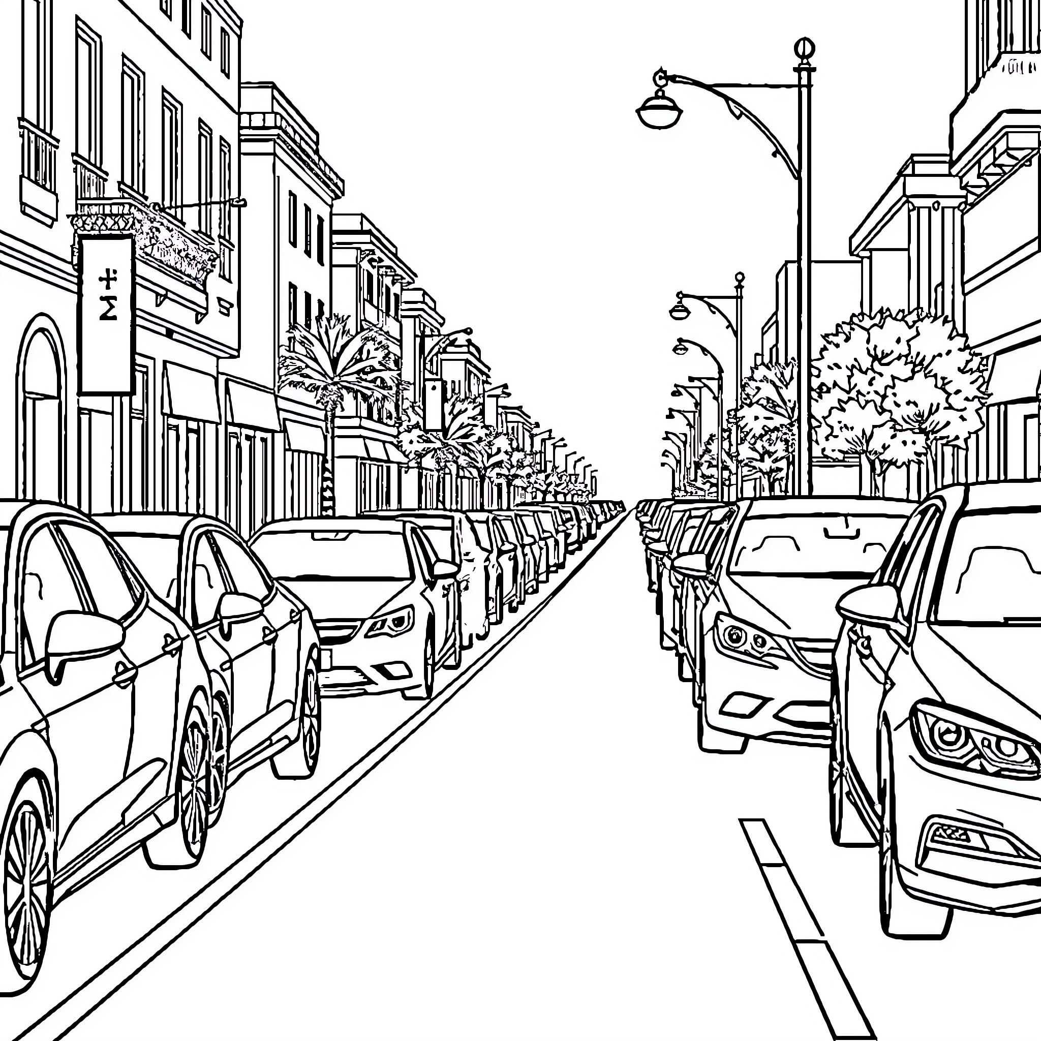 Car-filled street with shops and trees Coloring Page (free black-and-white line drawing printable PDF for all, from beginners to advanced learners, including children, teens, adults, and seniors)