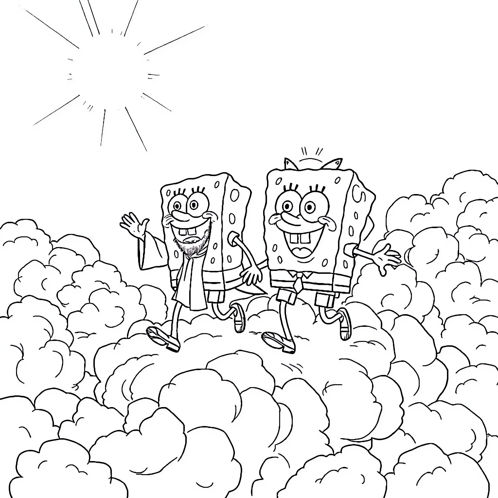Spongebob and Patrick Jumping for Joy in the Clouds Coloring Page (free black-and-white line drawing printable PDF for all, from beginners to advanced learners, including children, teens, adults, and seniors)