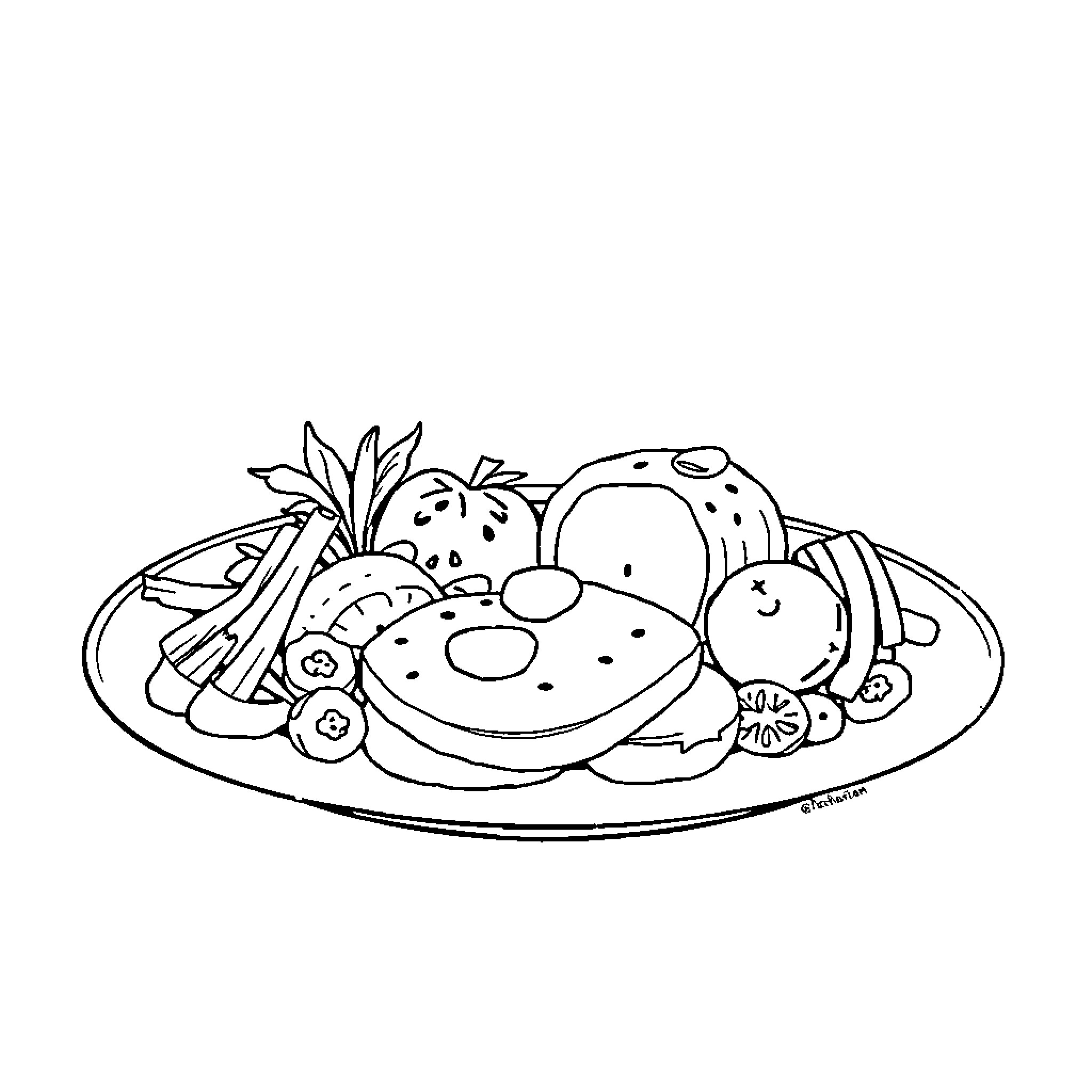 Food items arranged on a dish Coloring Page (free black-and-white line drawing printable PDF for all, from beginners to advanced learners, including children, teens, adults, and seniors)