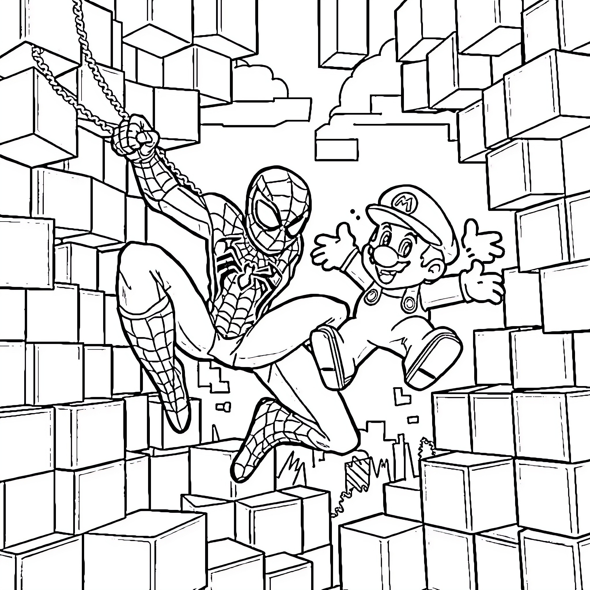 Spider-Man and Mario Rescuing Civilians in City Coloring Page (free black-and-white line drawing printable PDF for all, from beginners to advanced learners, including children, teens, adults, and seniors)