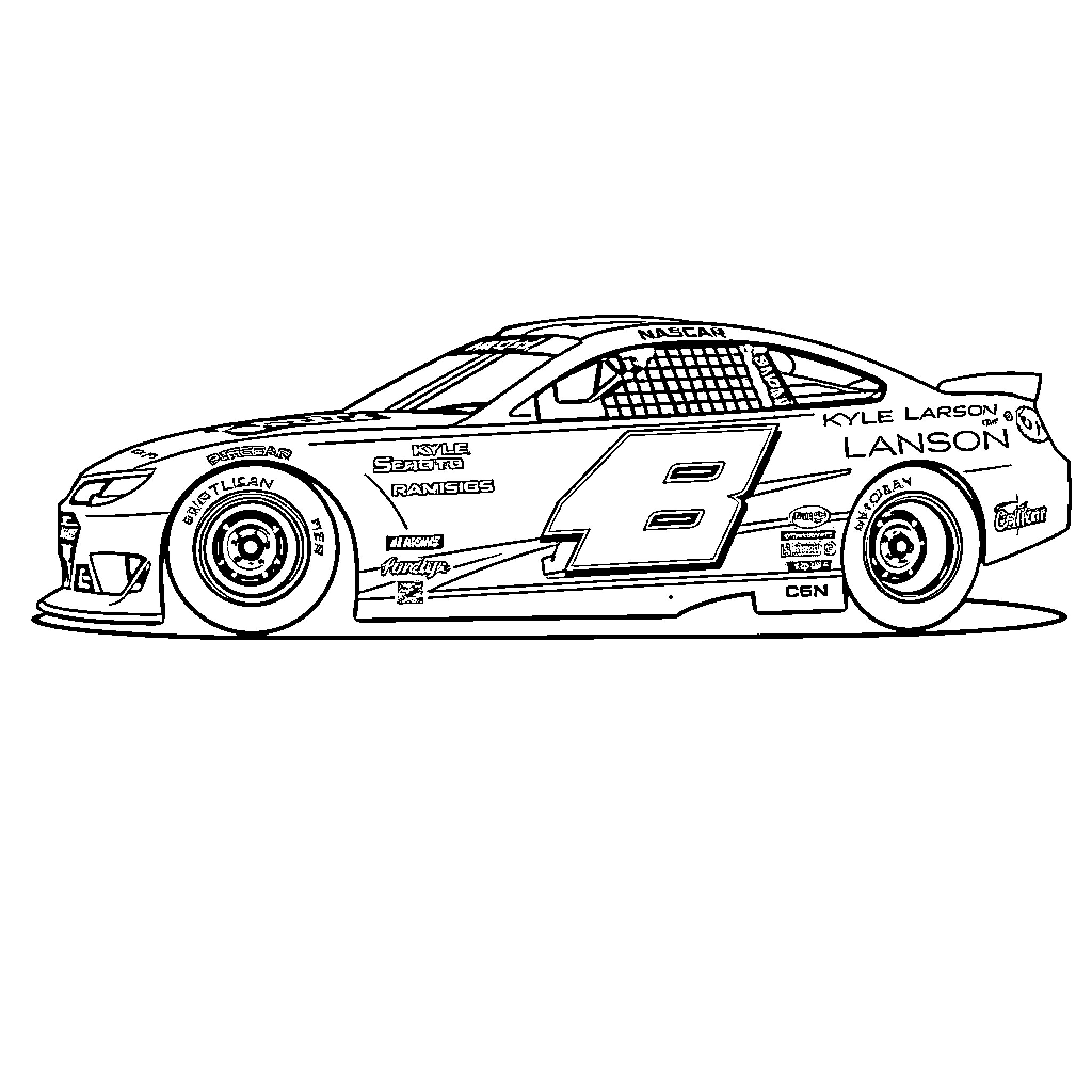 NASCAR Car in Race with Sponsor Logos Coloring Page (free black-and-white line drawing printable PDF for all, from beginners to advanced learners, including children, teens, adults, and seniors)