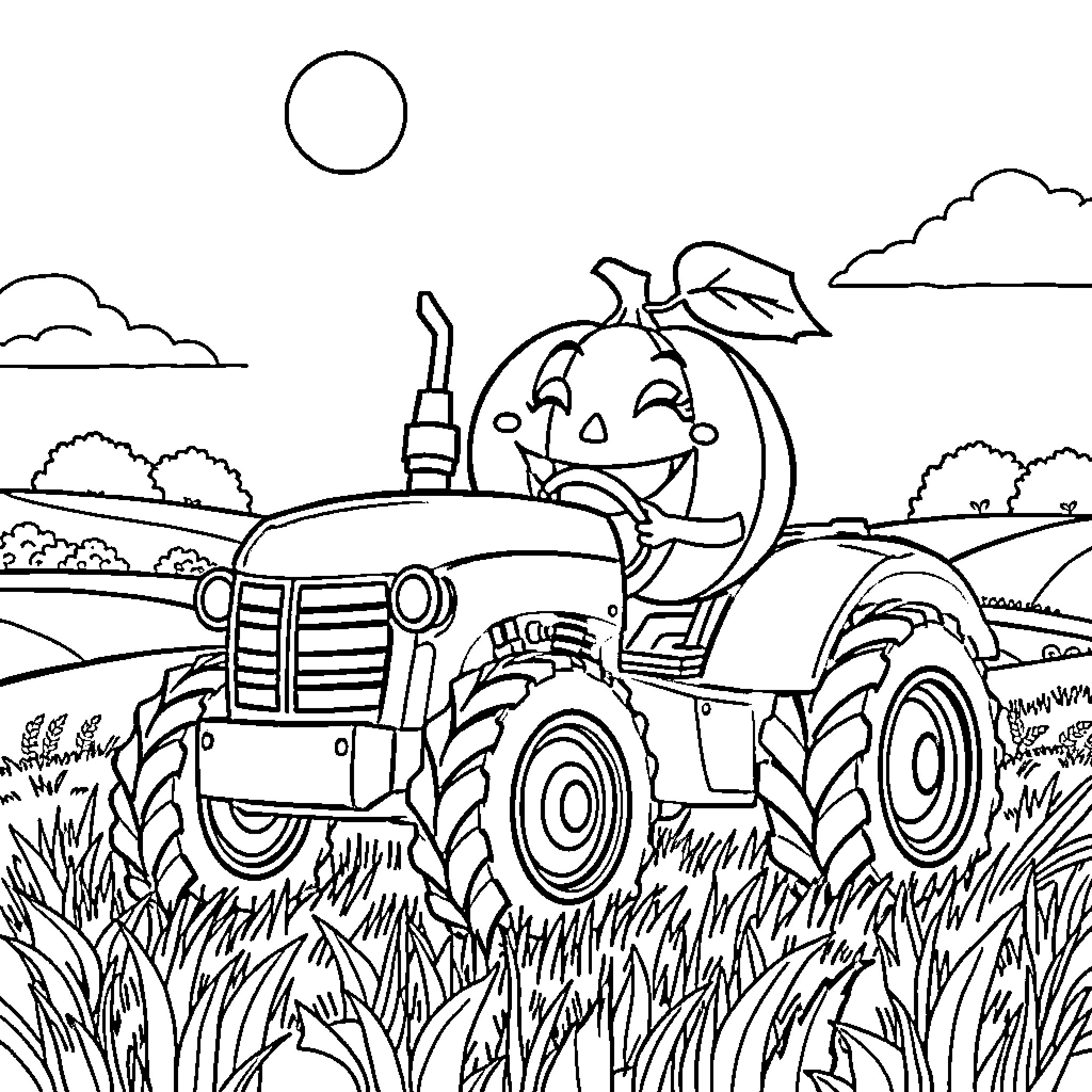 Pumpkin-headed character driving a tractor in the countryside Coloring Page (free black-and-white line drawing printable PDF for all, from beginners to advanced learners, including children, teens, adults, and seniors)