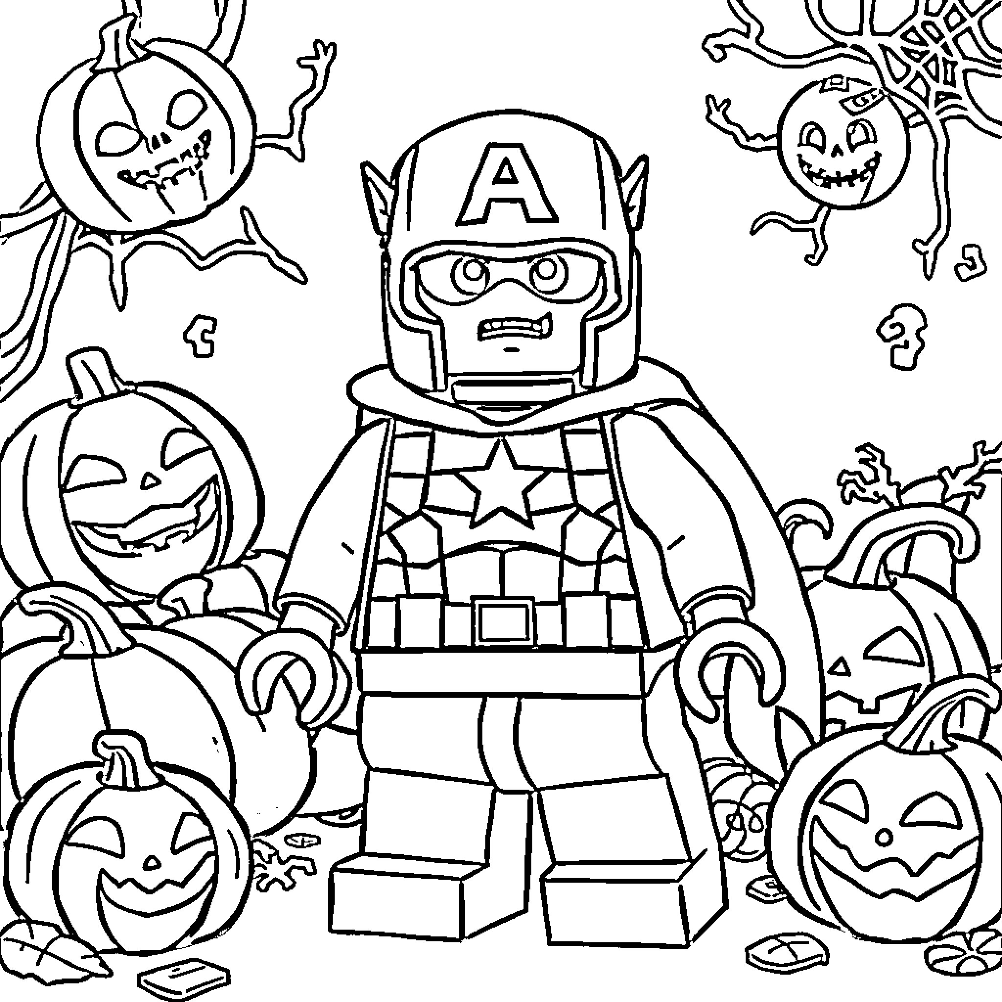 Captain America in Halloween Costume Among Pumpkins Coloring Page (free black-and-white line drawing printable PDF for all, from beginners to advanced learners, including children, teens, adults, and seniors)
