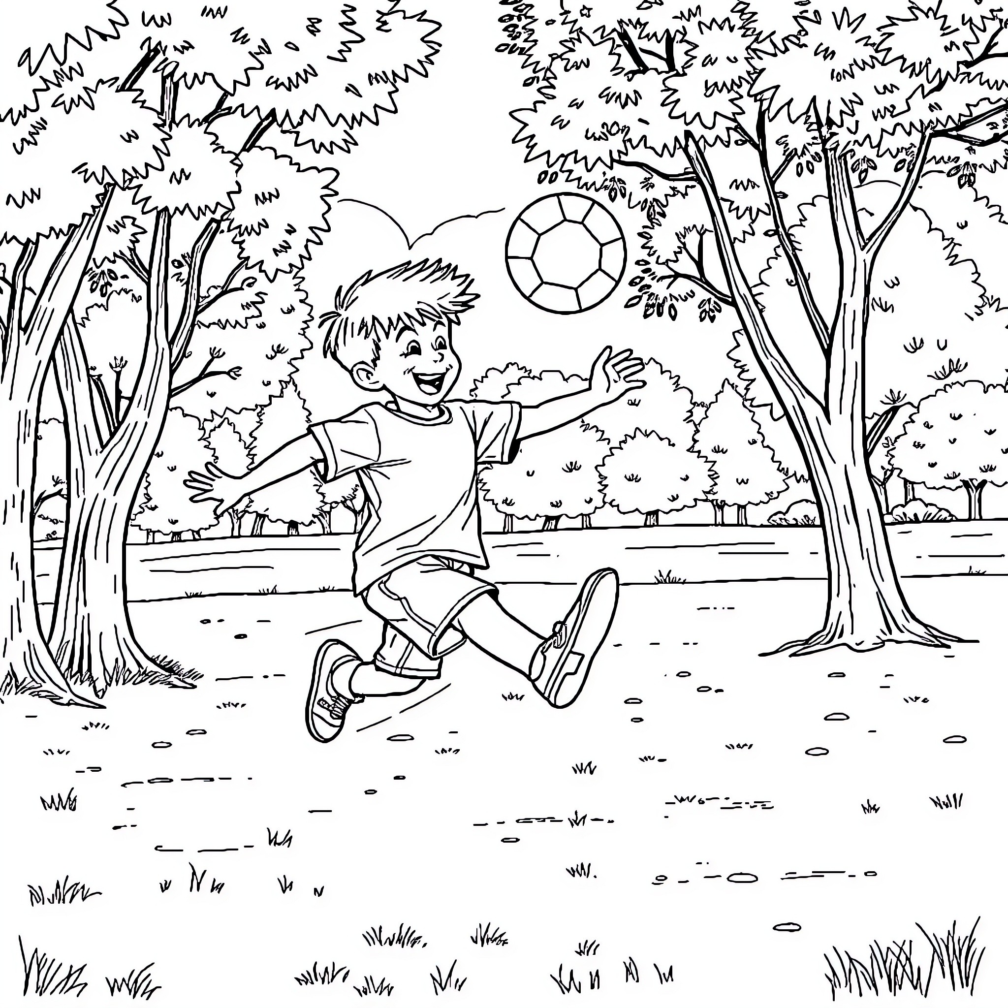 Boy playing joyfully with a soccer ball in the park Coloring Page (free black-and-white line drawing printable PDF for all, from beginners to advanced learners, including children, teens, adults, and seniors)