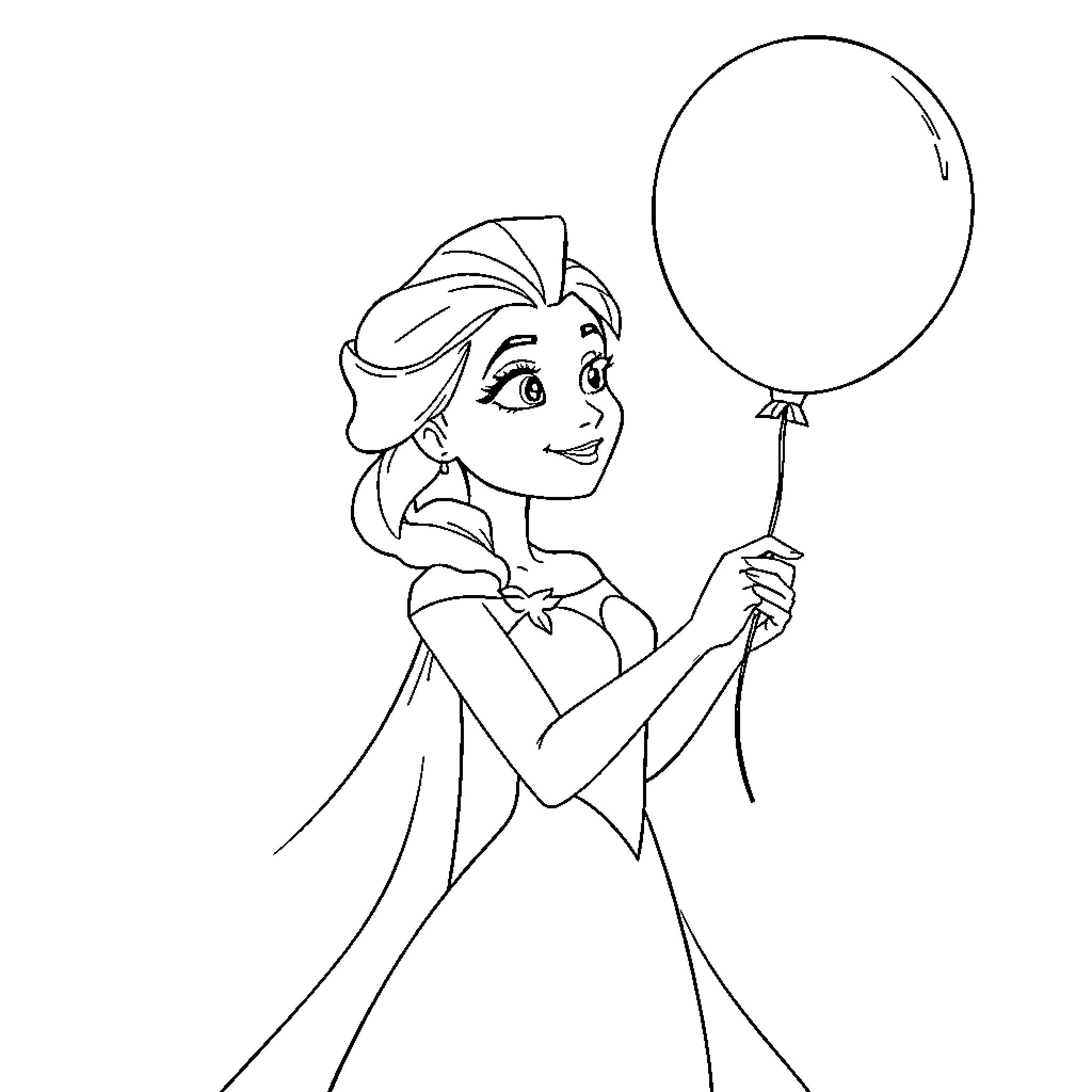 Elsa holding a balloon and smiling happily Coloring Page (free black-and-white line drawing printable PDF for all, from beginners to advanced learners, including children, teens, adults, and seniors)