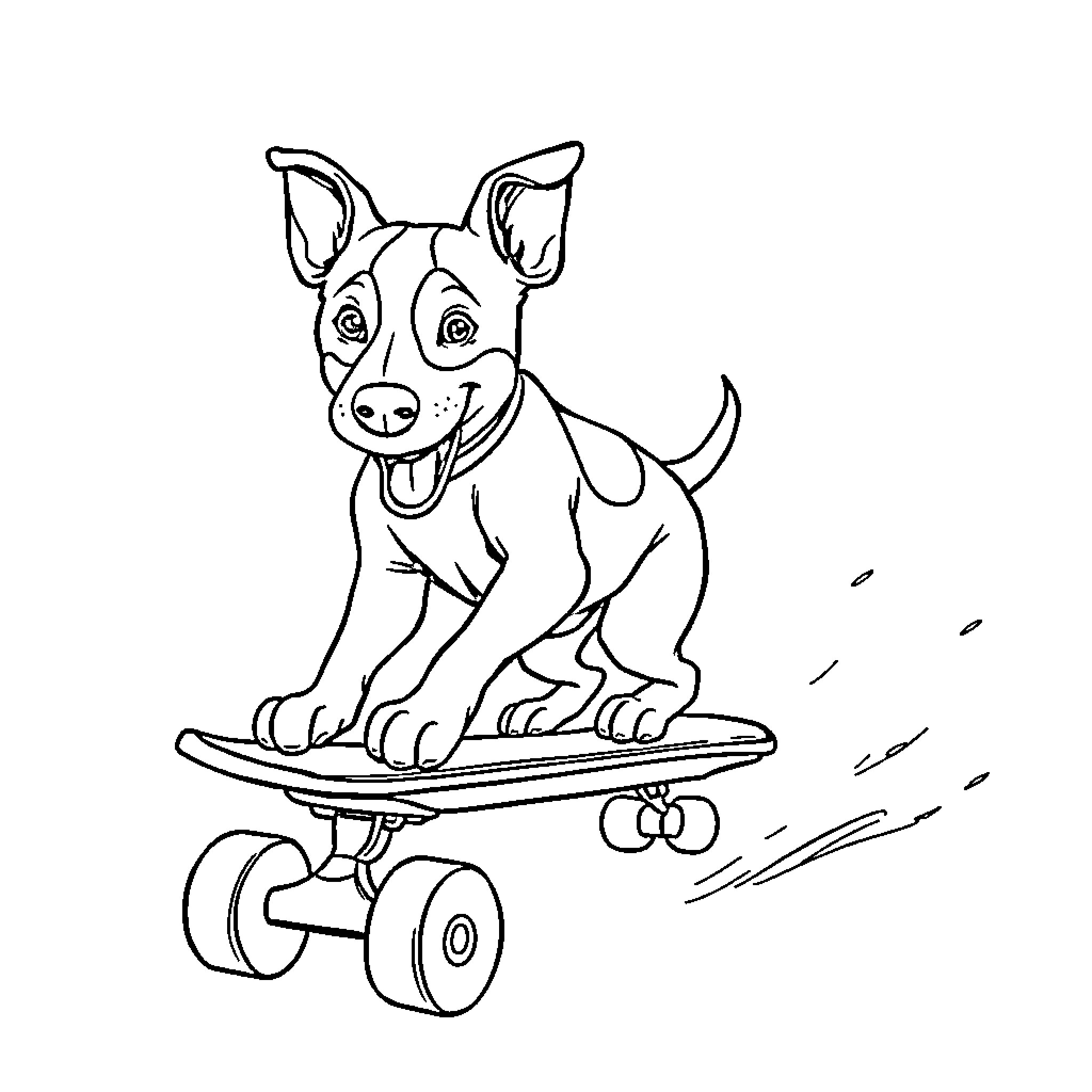 Dog riding a skateboard happily Coloring Page (free black-and-white line drawing printable PDF for all, from beginners to advanced learners, including children, teens, adults, and seniors)
