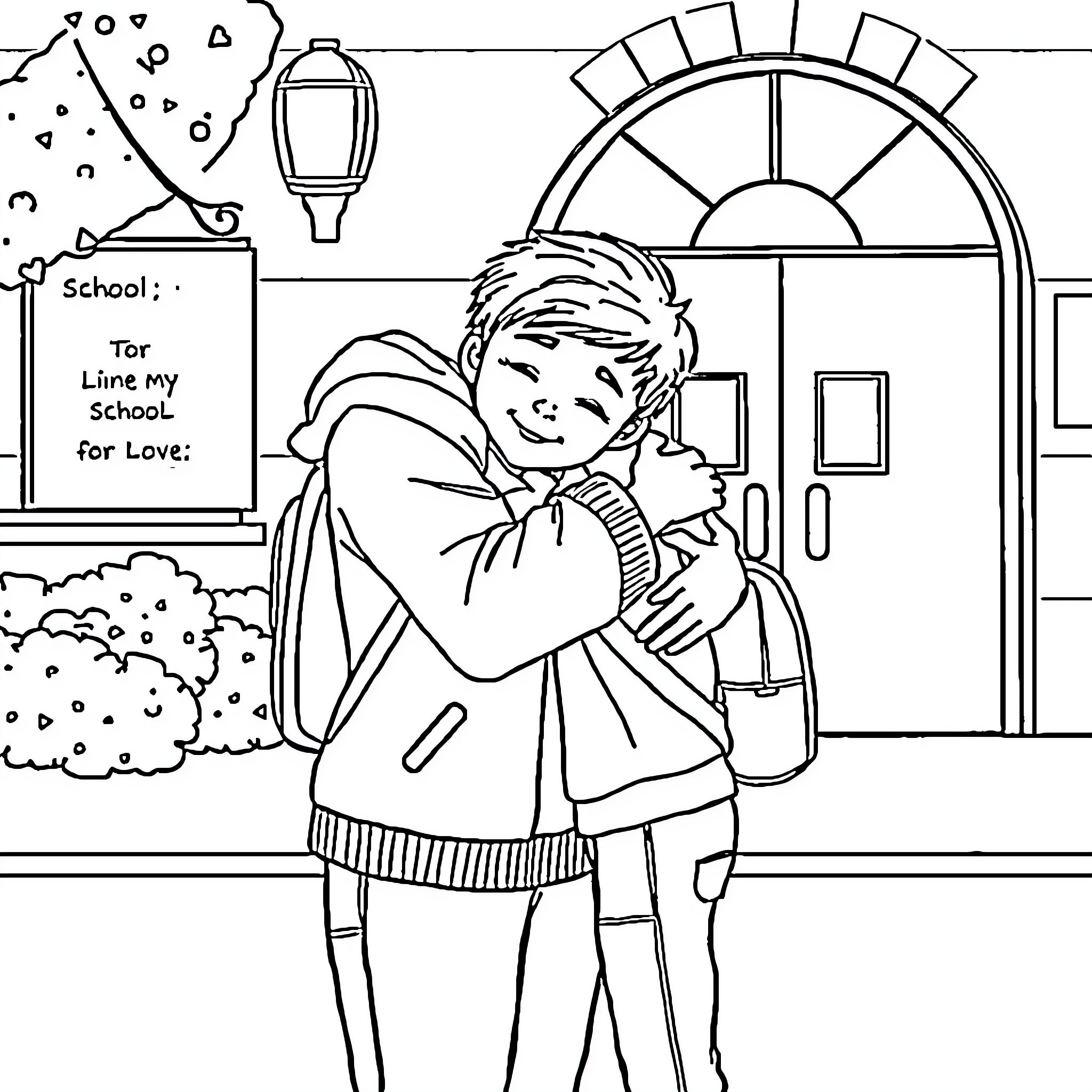 Mother Comforting Child at School Coloring Page (free black-and-white line drawing printable PDF for all, from beginners to advanced learners, including children, teens, adults, and seniors)