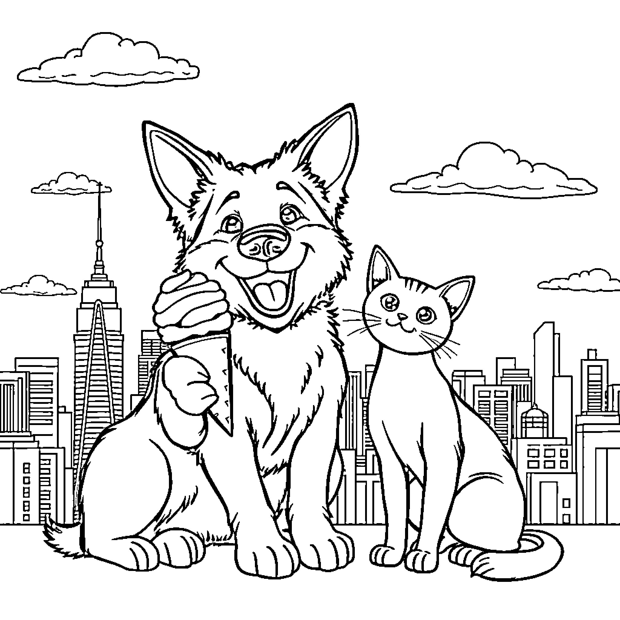 Dog and cat posing together in the city Coloring Page (free black-and-white line drawing printable PDF for all, from beginners to advanced learners, including children, teens, adults, and seniors)
