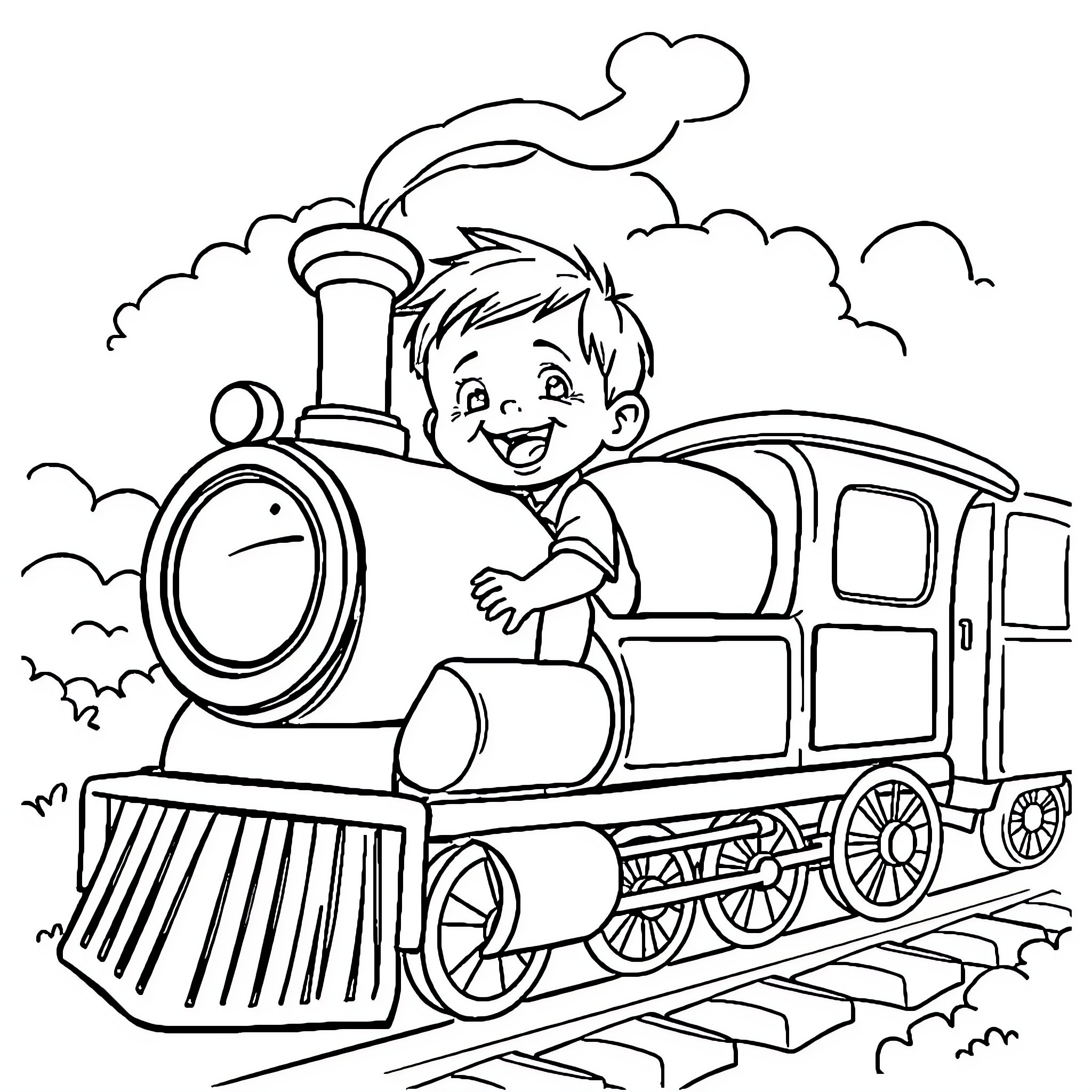 Child happily riding a steam locomotive Coloring Page (free black-and-white line drawing printable PDF for all, from beginners to advanced learners, including children, teens, adults, and seniors)