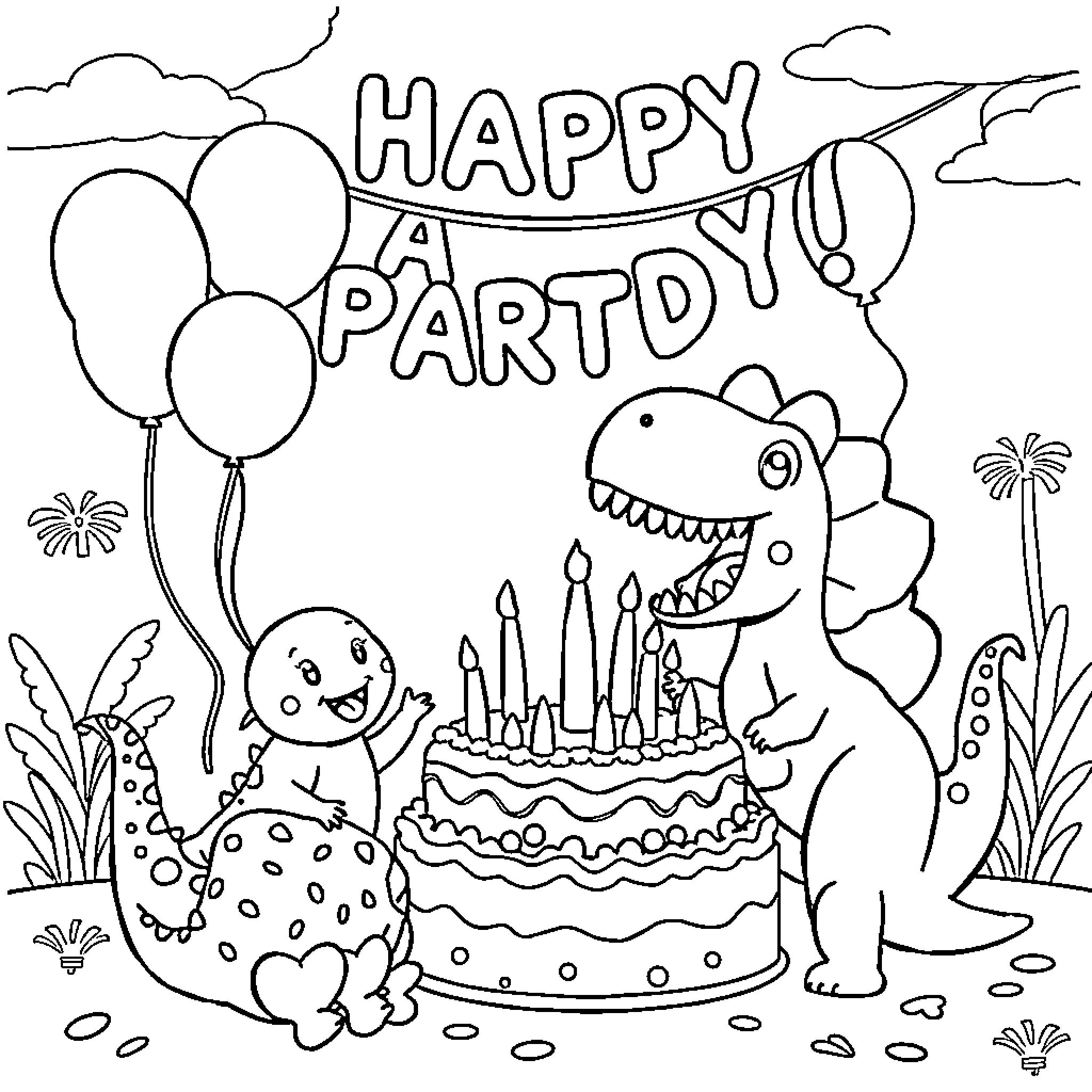 Cocomelon Happy Party with Dinosaurs and Cake Coloring Page (free black-and-white line drawing printable PDF for all, from beginners to advanced learners, including children, teens, adults, and seniors)