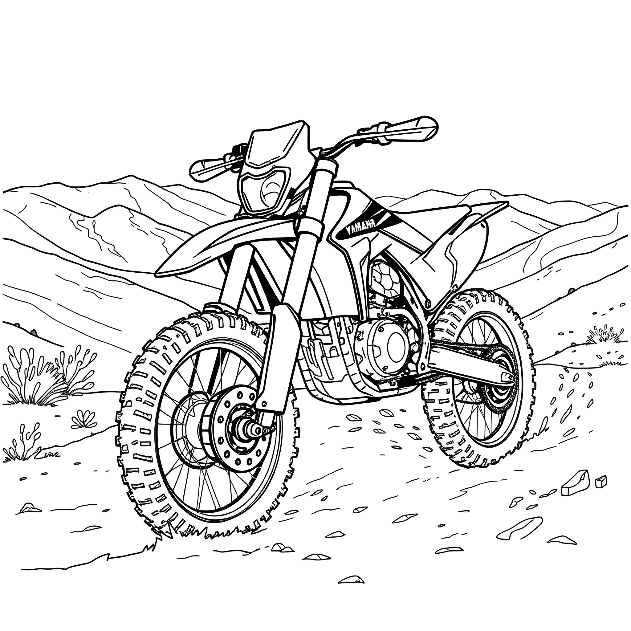 Dirtbike tackling challenging terrain in the mountains Coloring Page (free black-and-white line drawing printable PDF for all, from beginners to advanced learners, including children, teens, adults, and seniors)