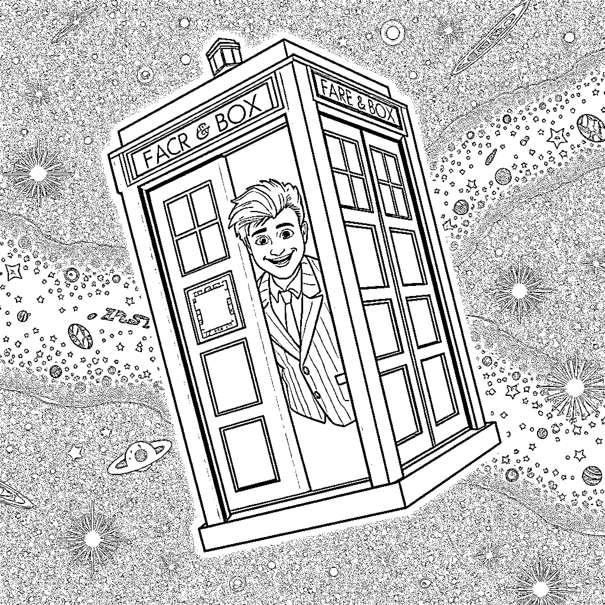 Doctor in a Whimsical Space Adventure Coloring Page (free black-and-white line drawing printable PDF for all, from beginners to advanced learners, including children, teens, adults, and seniors)