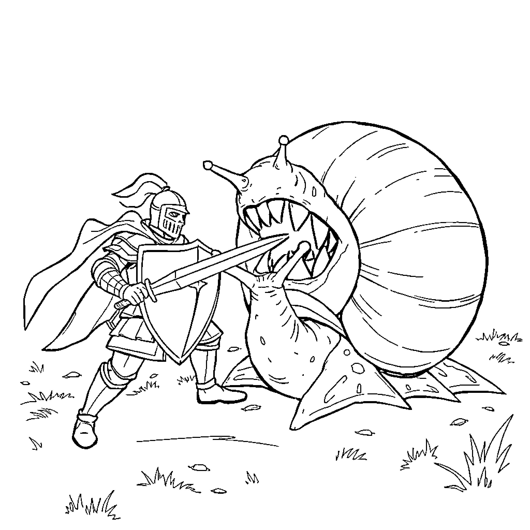 Knight battling a monstrous creature Coloring Page (free black-and-white line drawing printable PDF for all, from beginners to advanced learners, including children, teens, adults, and seniors)