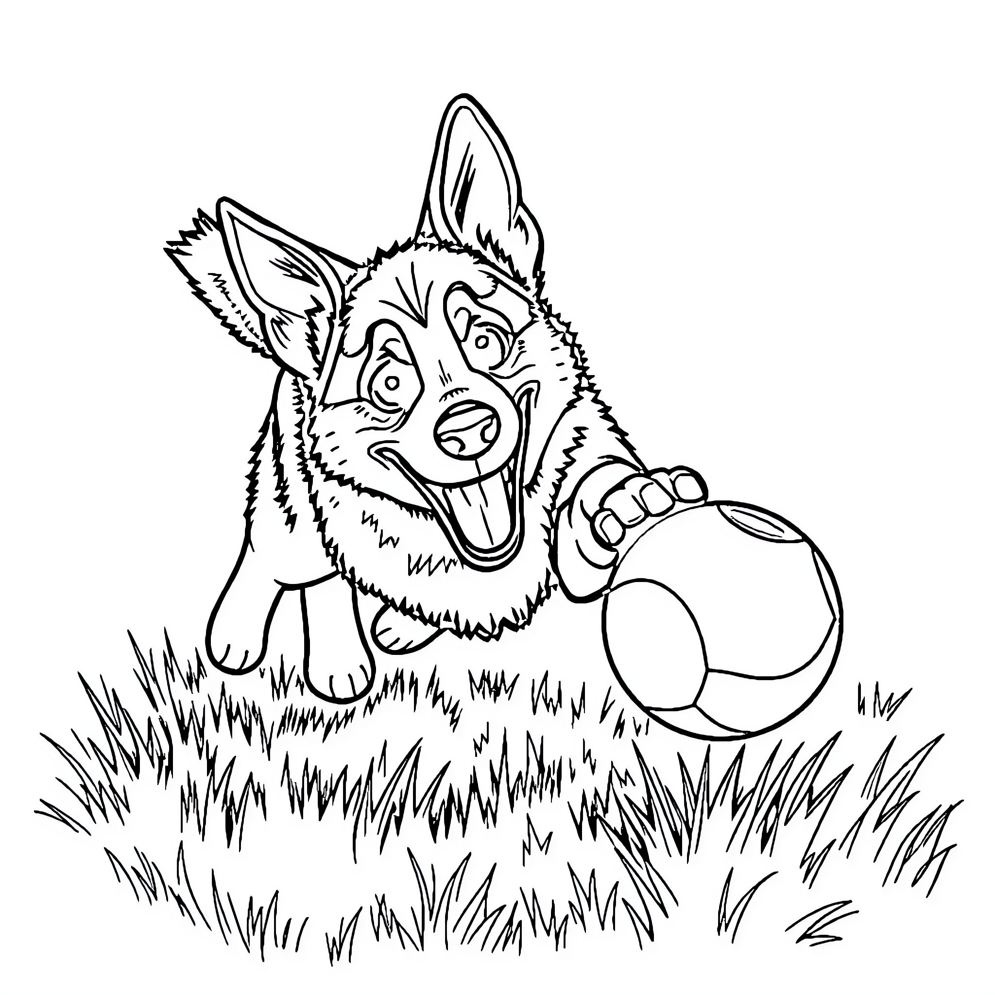German Shepherd playing happily with ball in the grass Coloring Page (free black-and-white line drawing printable PDF for all, from beginners to advanced learners, including children, teens, adults, and seniors)